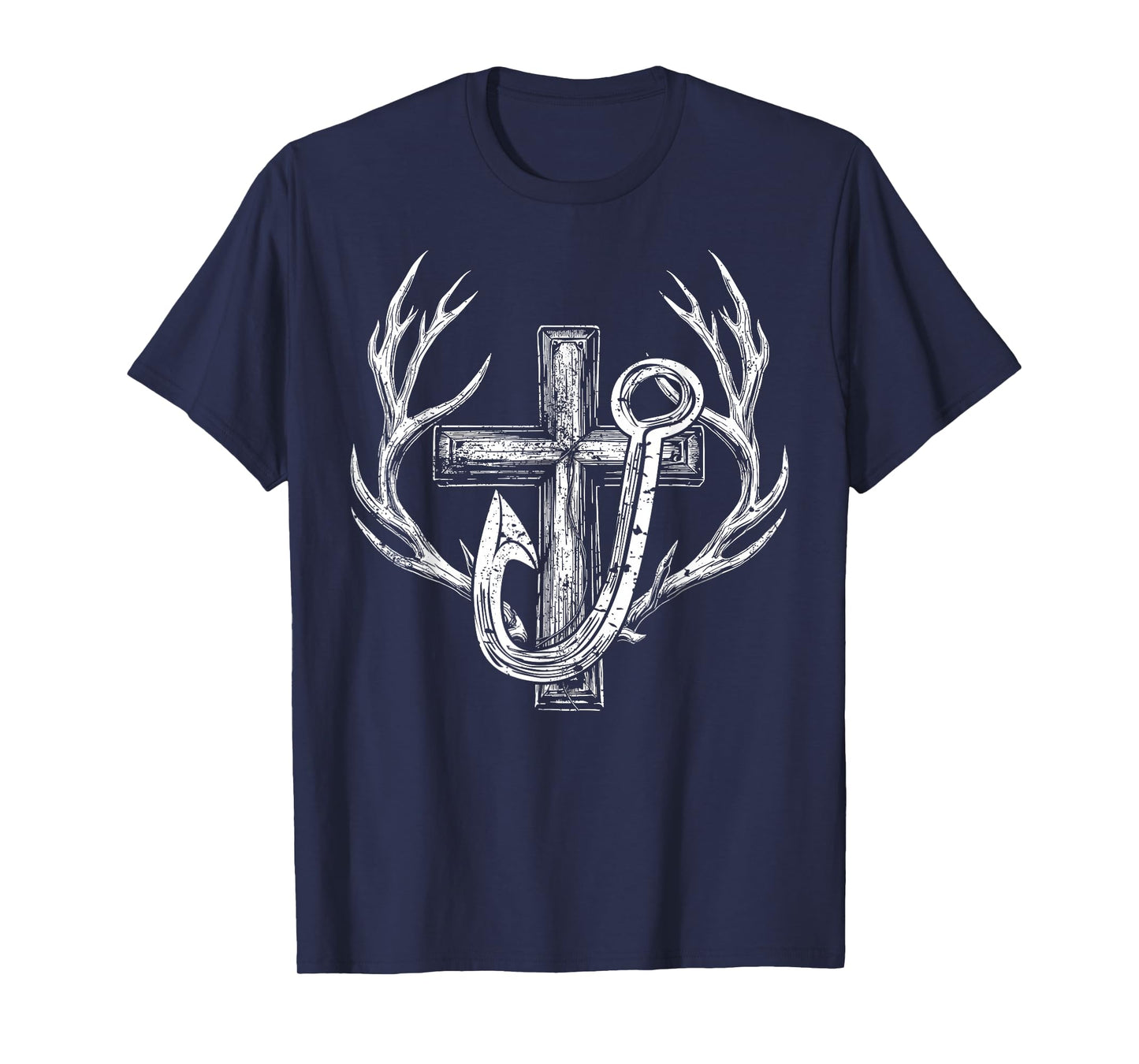 Cross & Fish Hook Deer Hunting & Fishing Lover Dad Christian T-Shirt