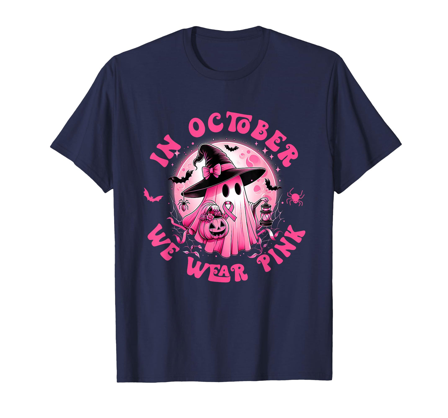 In October We Wear Pink Ghost Witch Breast Cancer Awareness T-Shirt