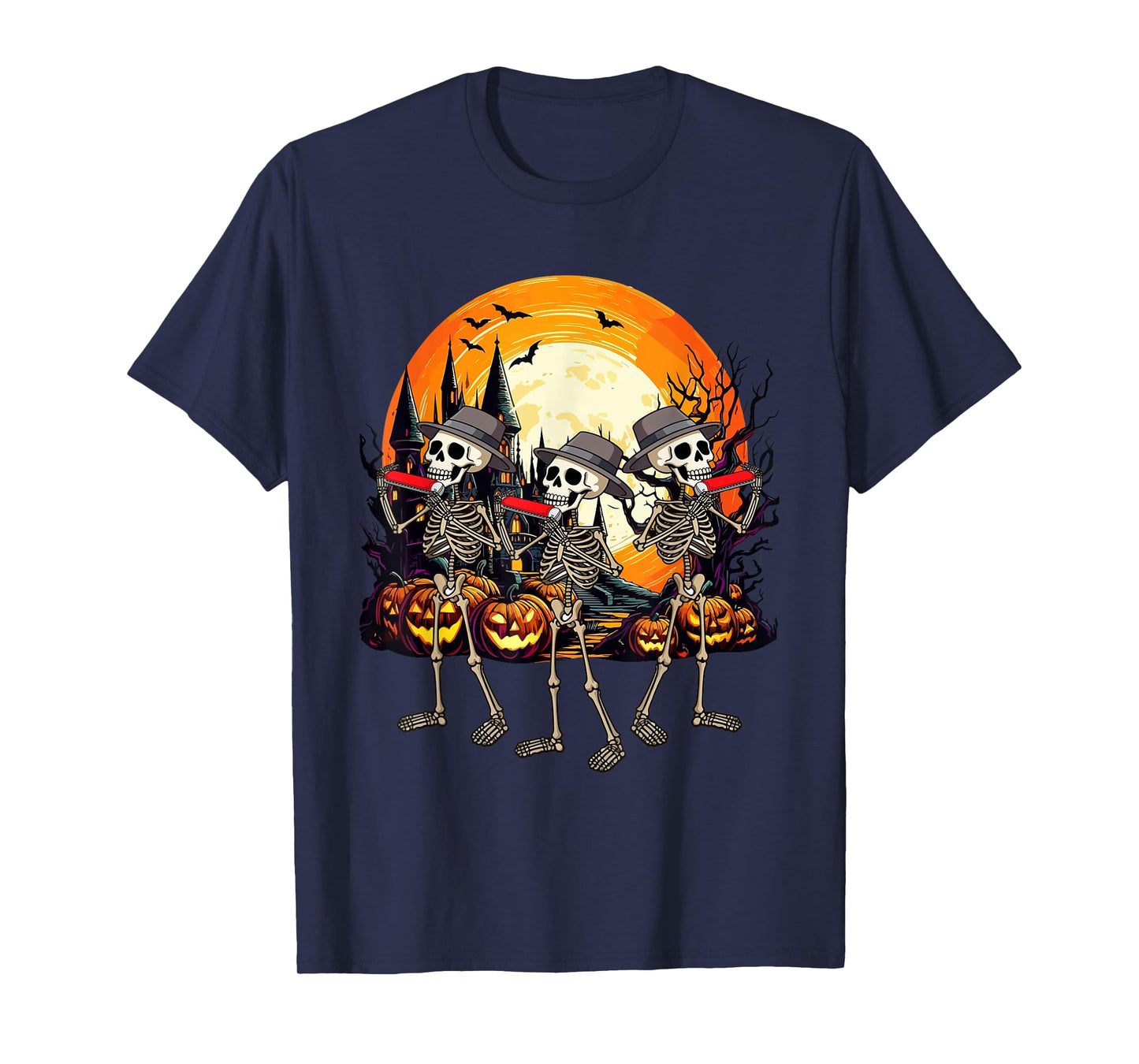 Three Funny Skeletons Playing Harmonica Halloween Instrument T-Shirt