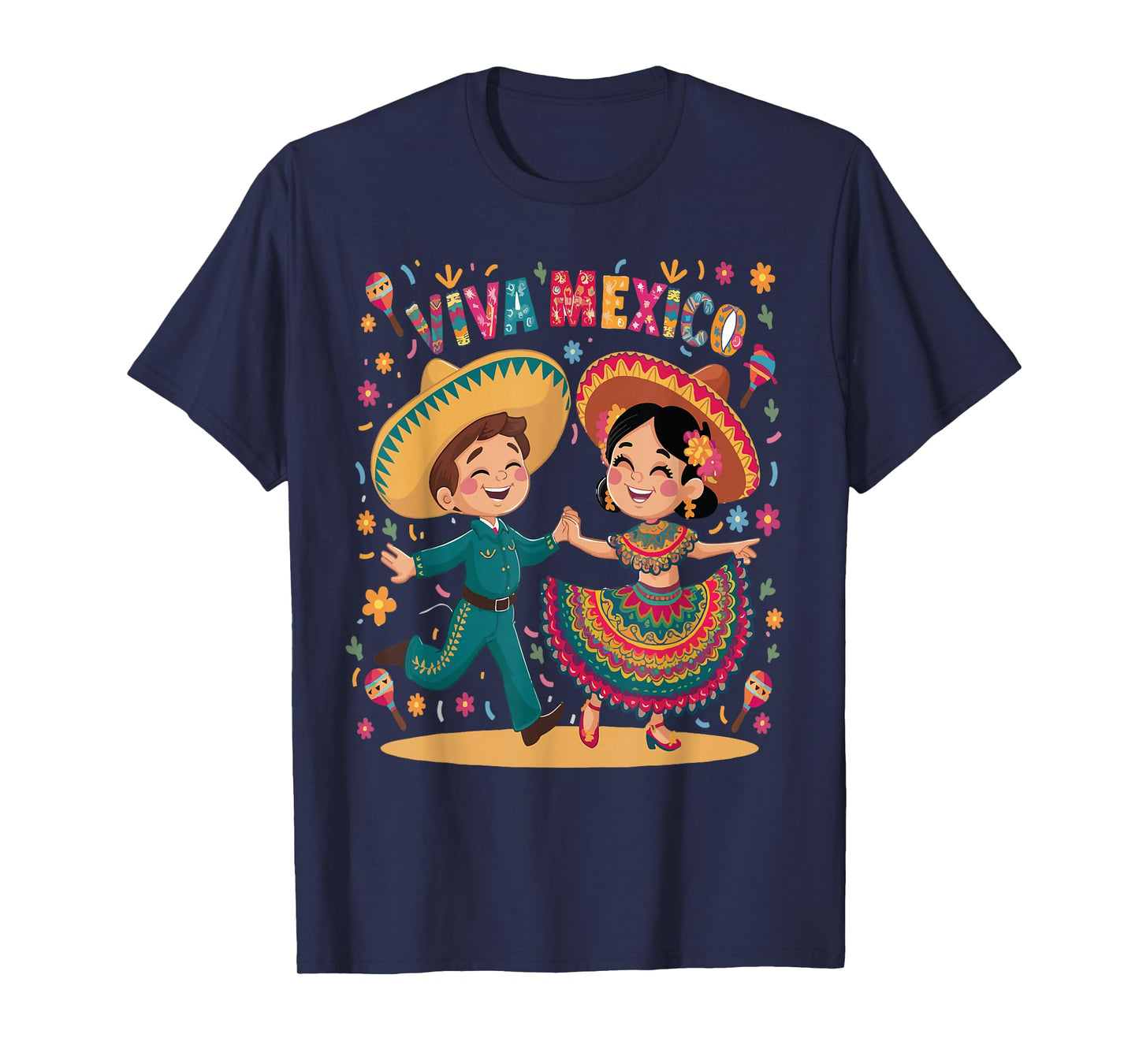 Viva Mexico Cute Cartoon Mexican Boy & Girl in Traditional T-Shirt