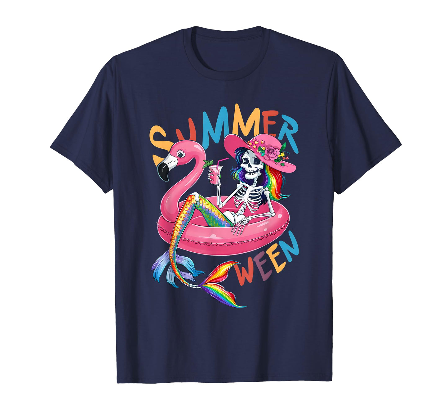 Summerween Mermaid Skeleton Flamingo Summer Halloween Women T-Shirt