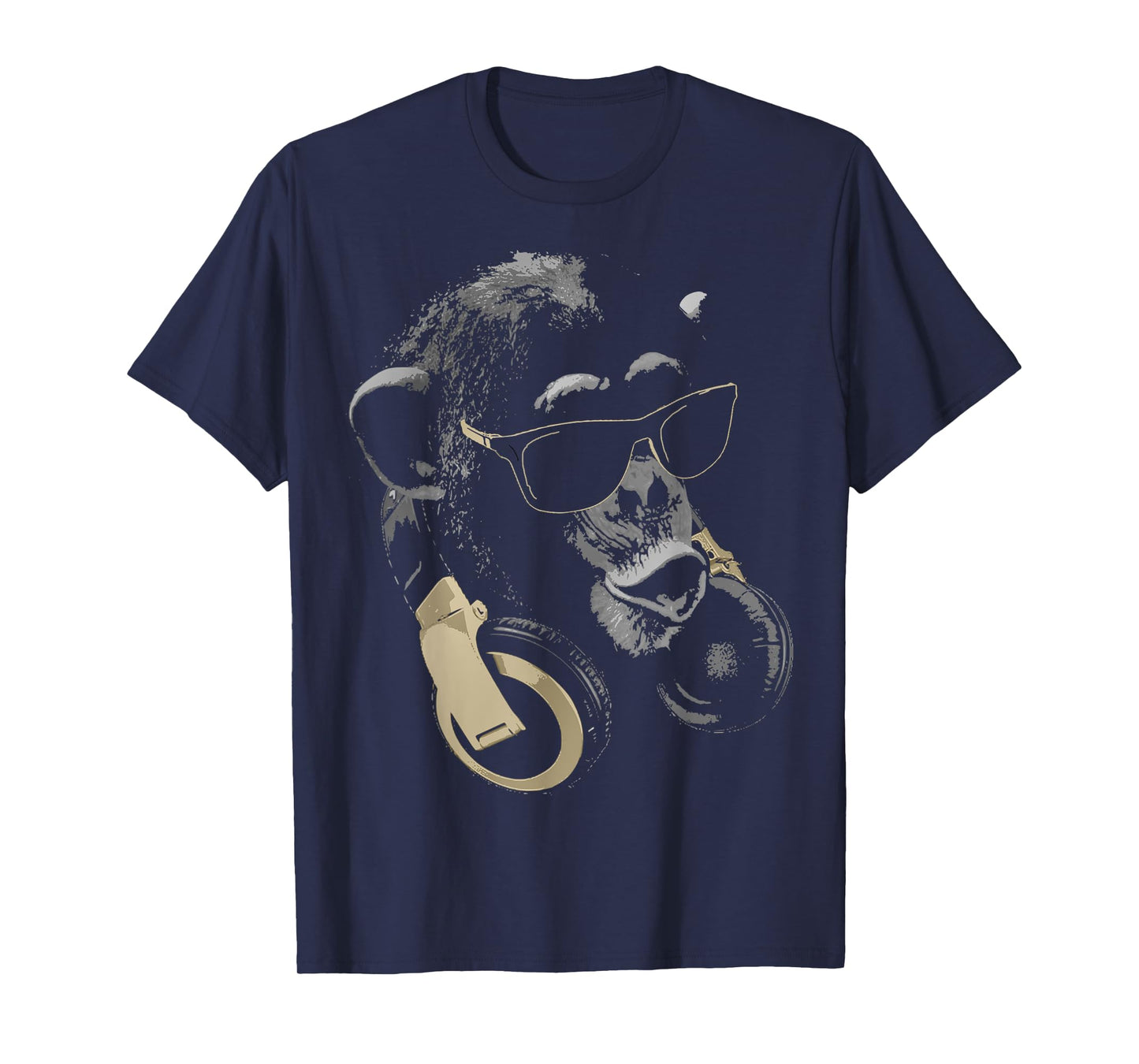 Funny Cute Happy and Cool Animal Design Love Store Monkey Chimpanzee with Sunglasses and Headphones T-Shirt - Unisex Adults - Black - Small