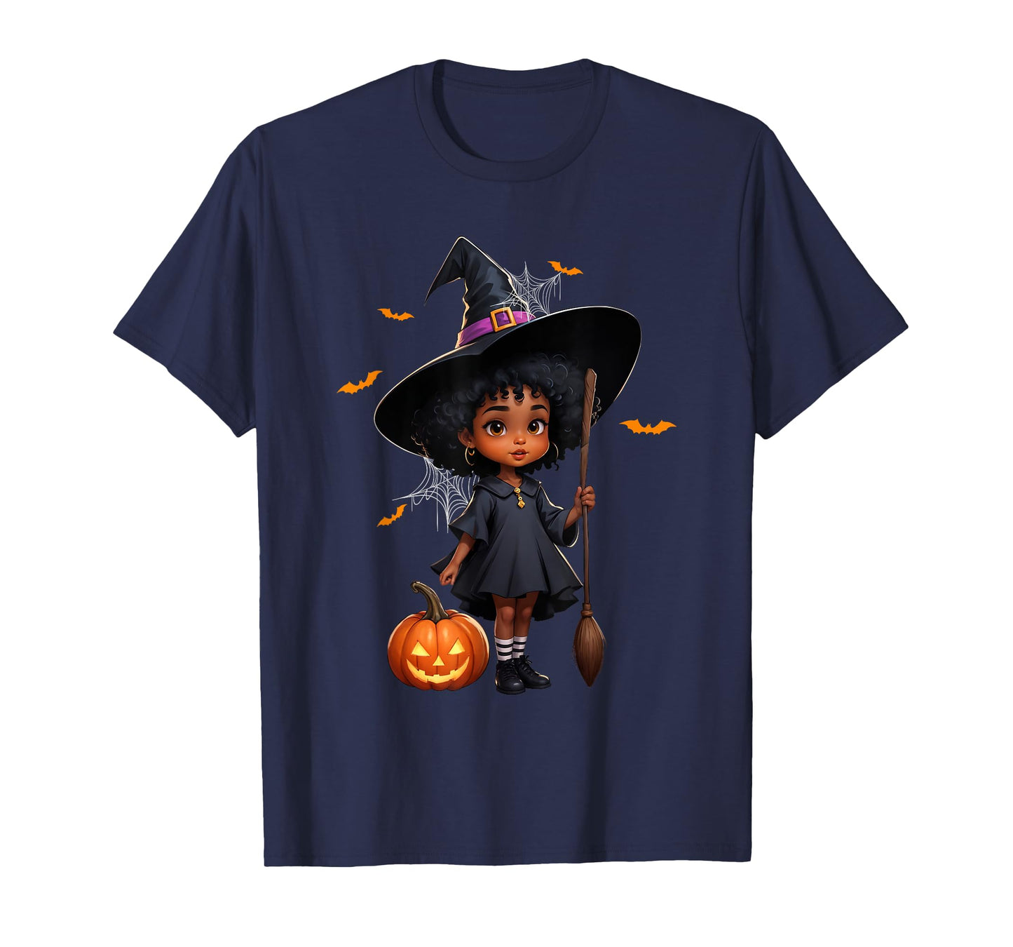 African American Black Girl Cute Witch Halloween Pumpkin T-Shirt