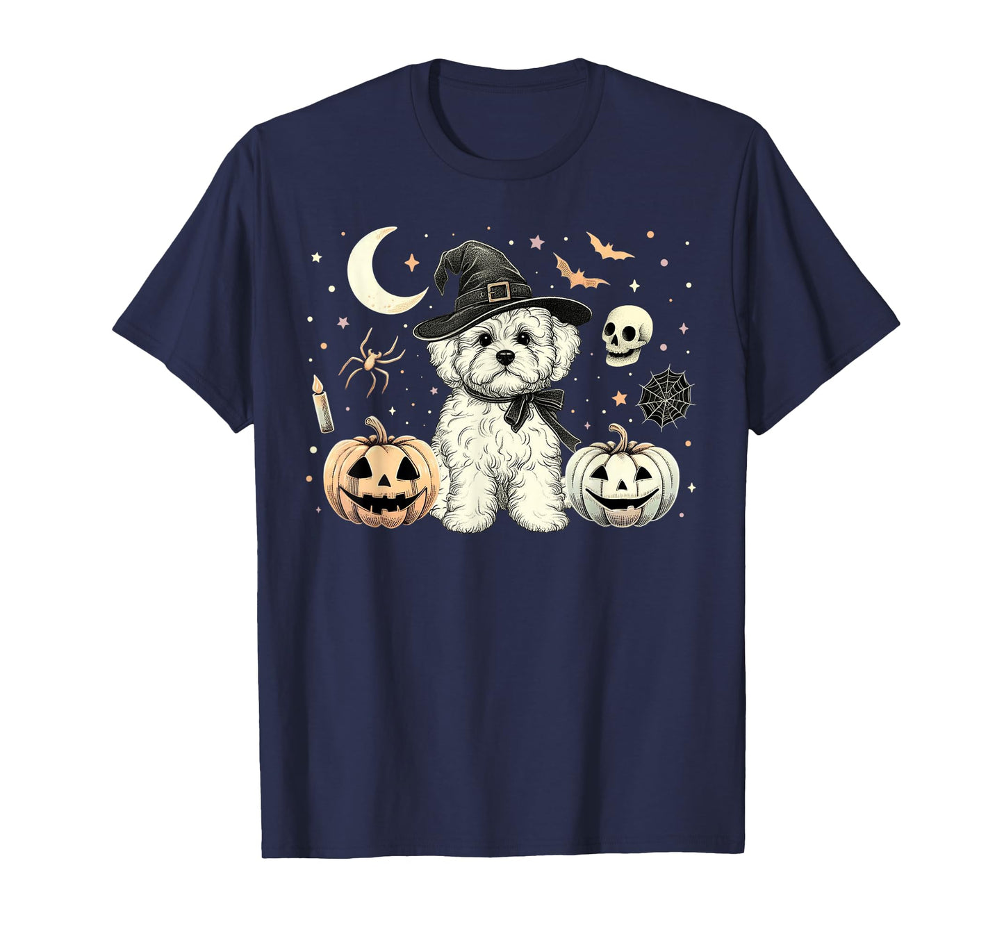 Cute Halloween Maltipoo Witch & Pumpkins Bats Spooky Holiday T-Shirt