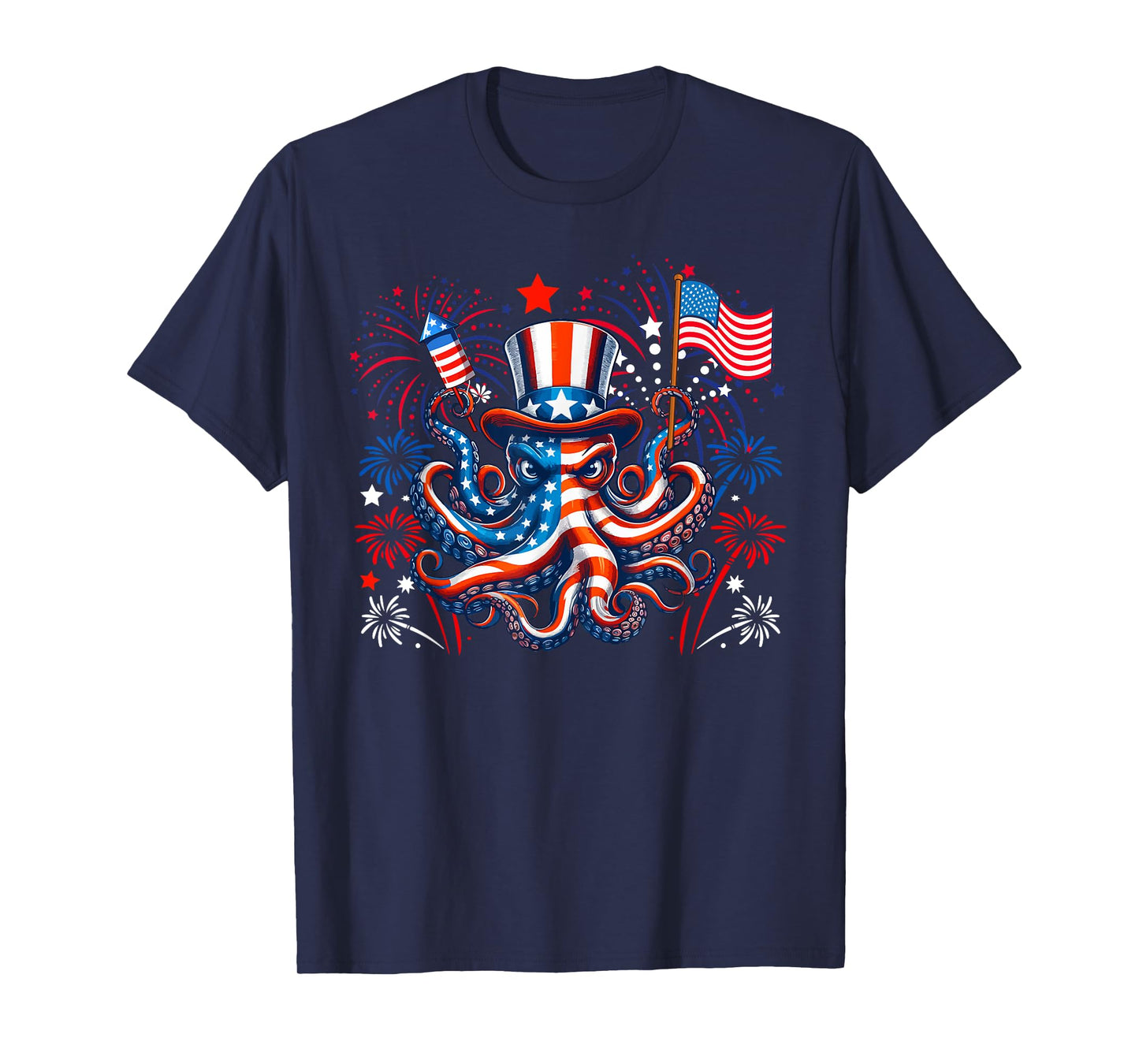 Octopus 4th July US Flag Fireworks Sea Animal Patriotic Team T-Shirt