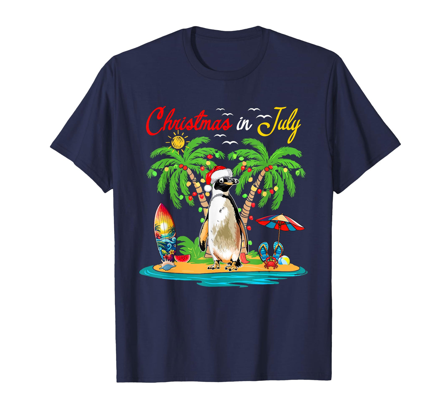 Christmas In July Hawaiian Santa Penguin Costume Beach Lover T-Shirt