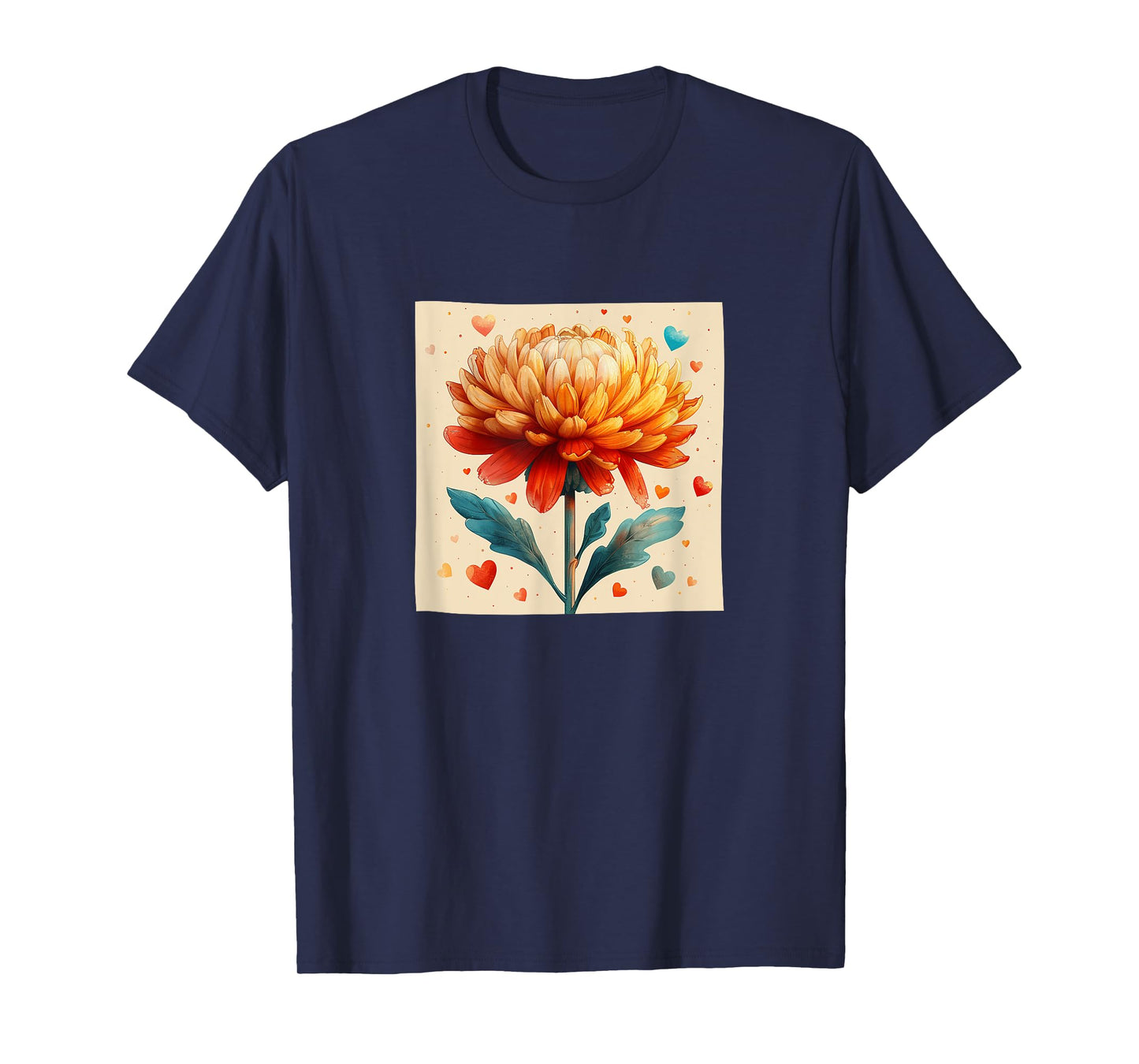 Chrysanthemum Flowers With Hearts Around Boho Graphic T-Shirt