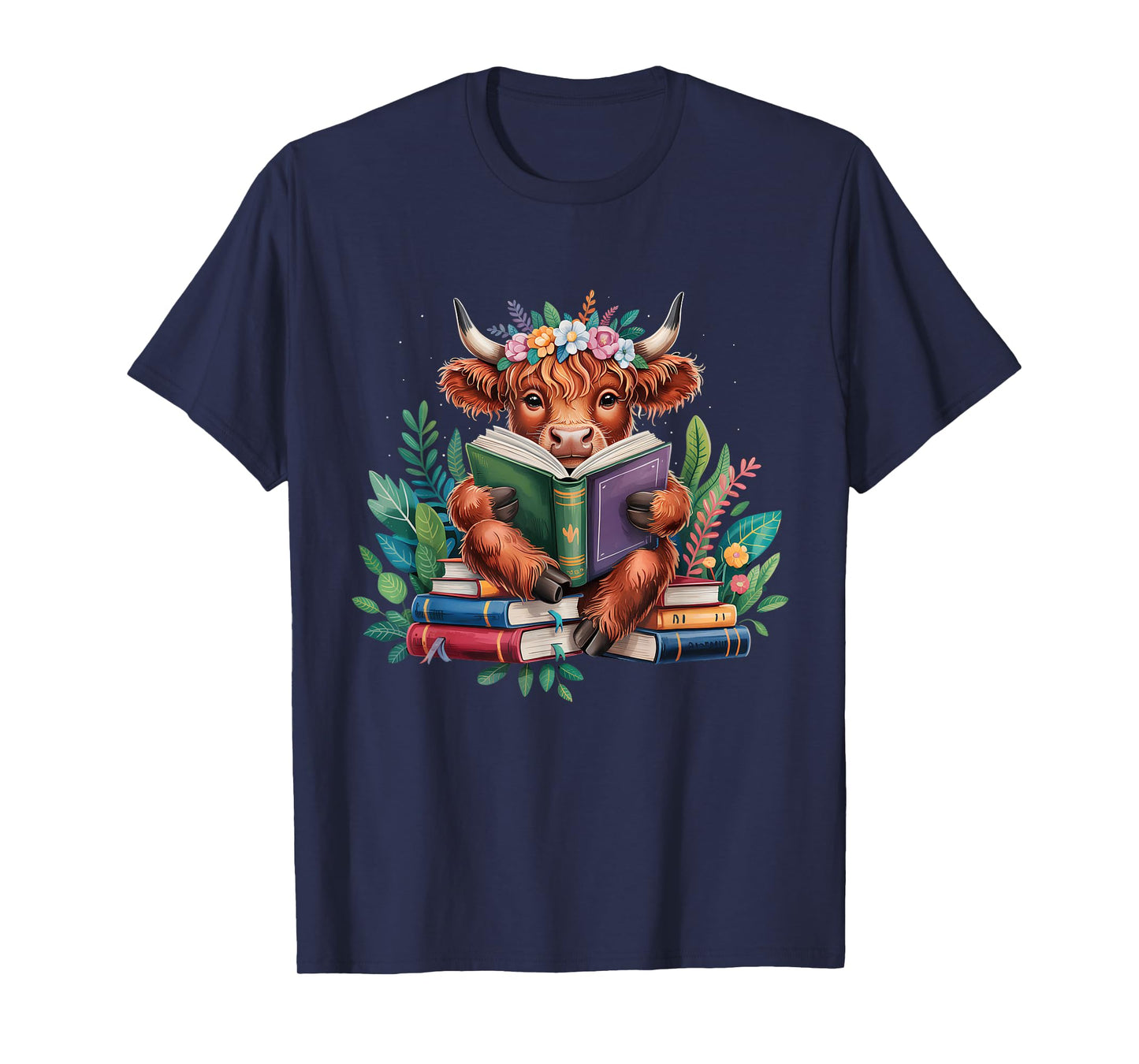 Highland Cow Reading Book Floral Funny Bookworm Librarian T-Shirt