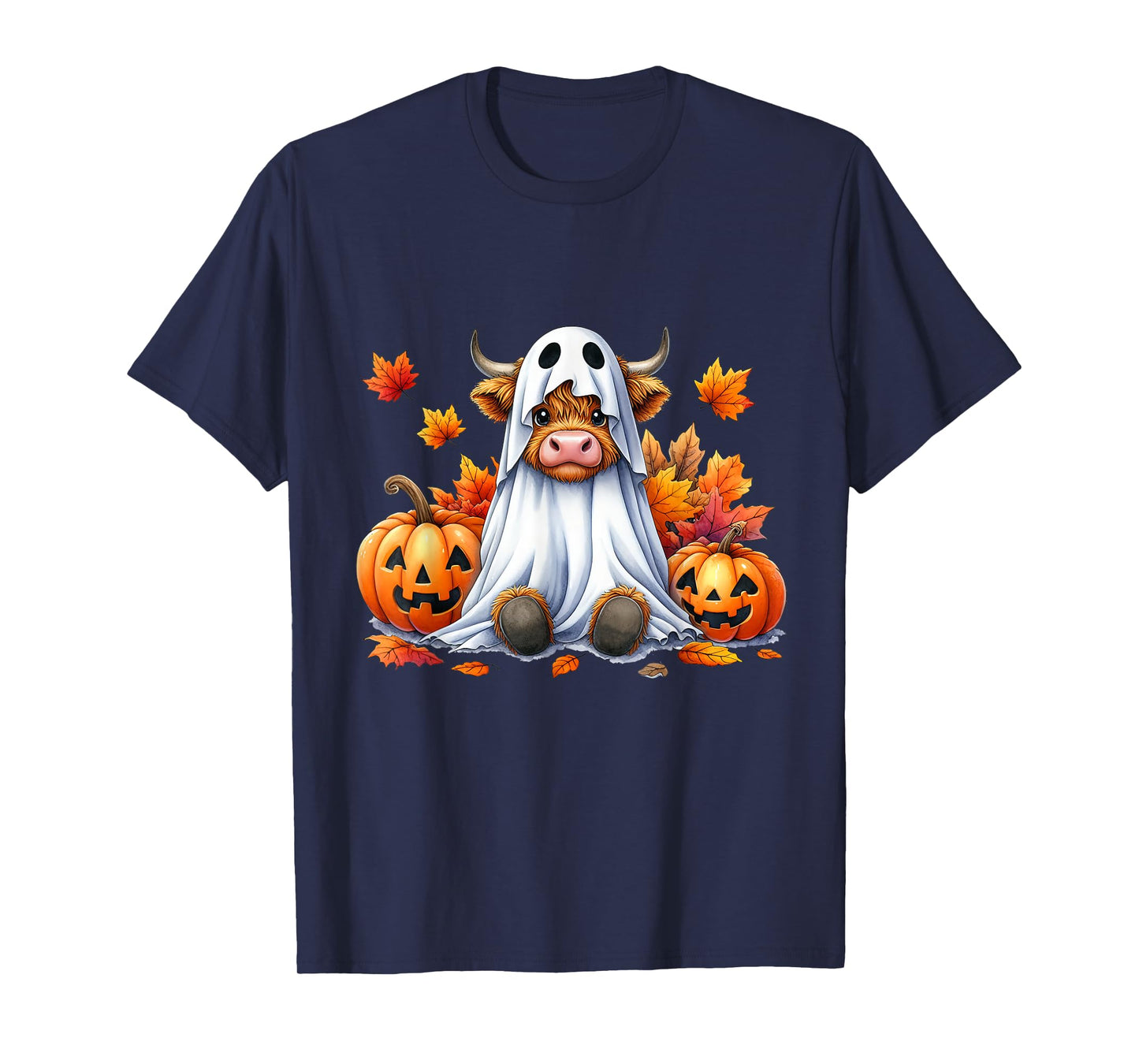 Funny Halloween Highland Cow Ghost Spooky Pumpkin Hello Fall T-Shirt