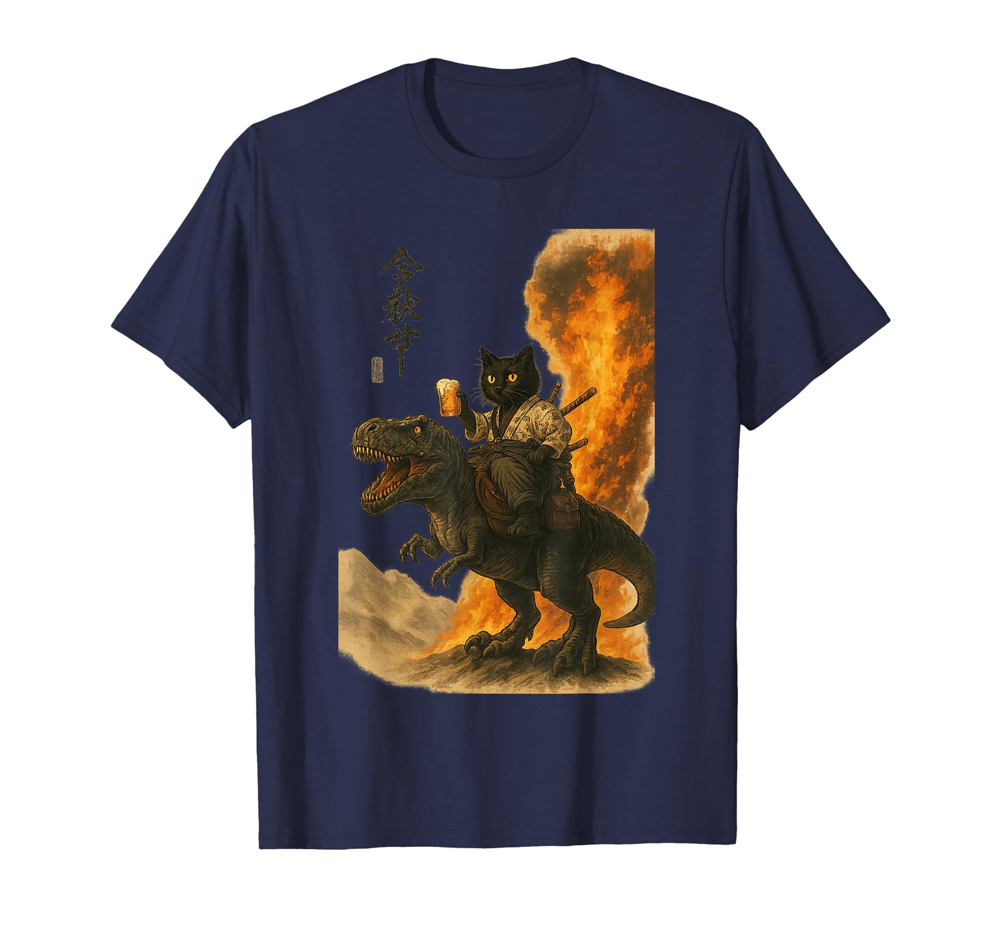Black Cat Samurai Dinosaur Sea Wave Print T-Shirt