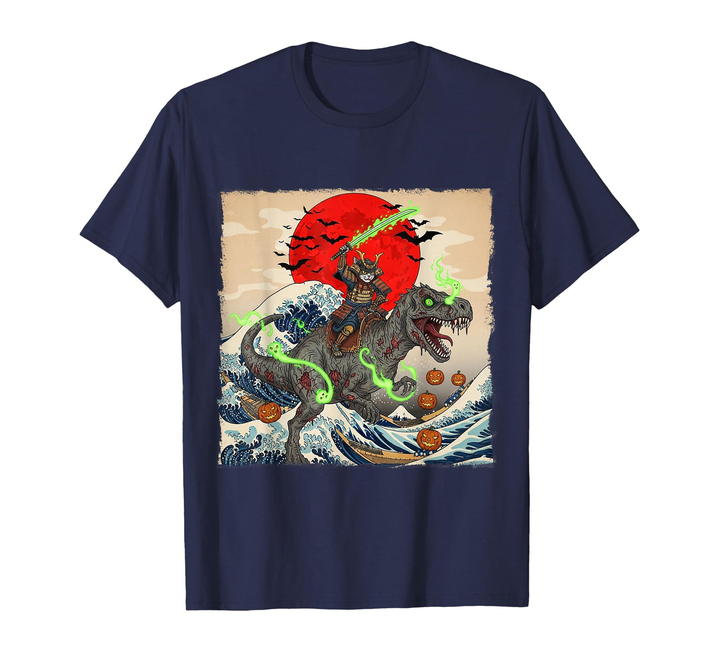 Samurai Cat vs Zombie Dinosaur Spooky Ukiyo-e Halloween Tee T-Shirt