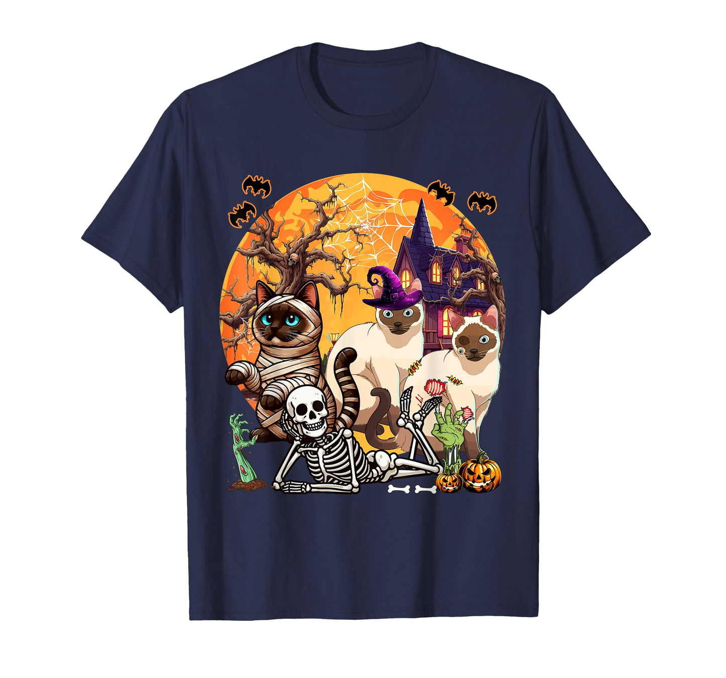 Three Horror Siamese Cats Cosplay Witch Halloween Skeleton T-Shirt