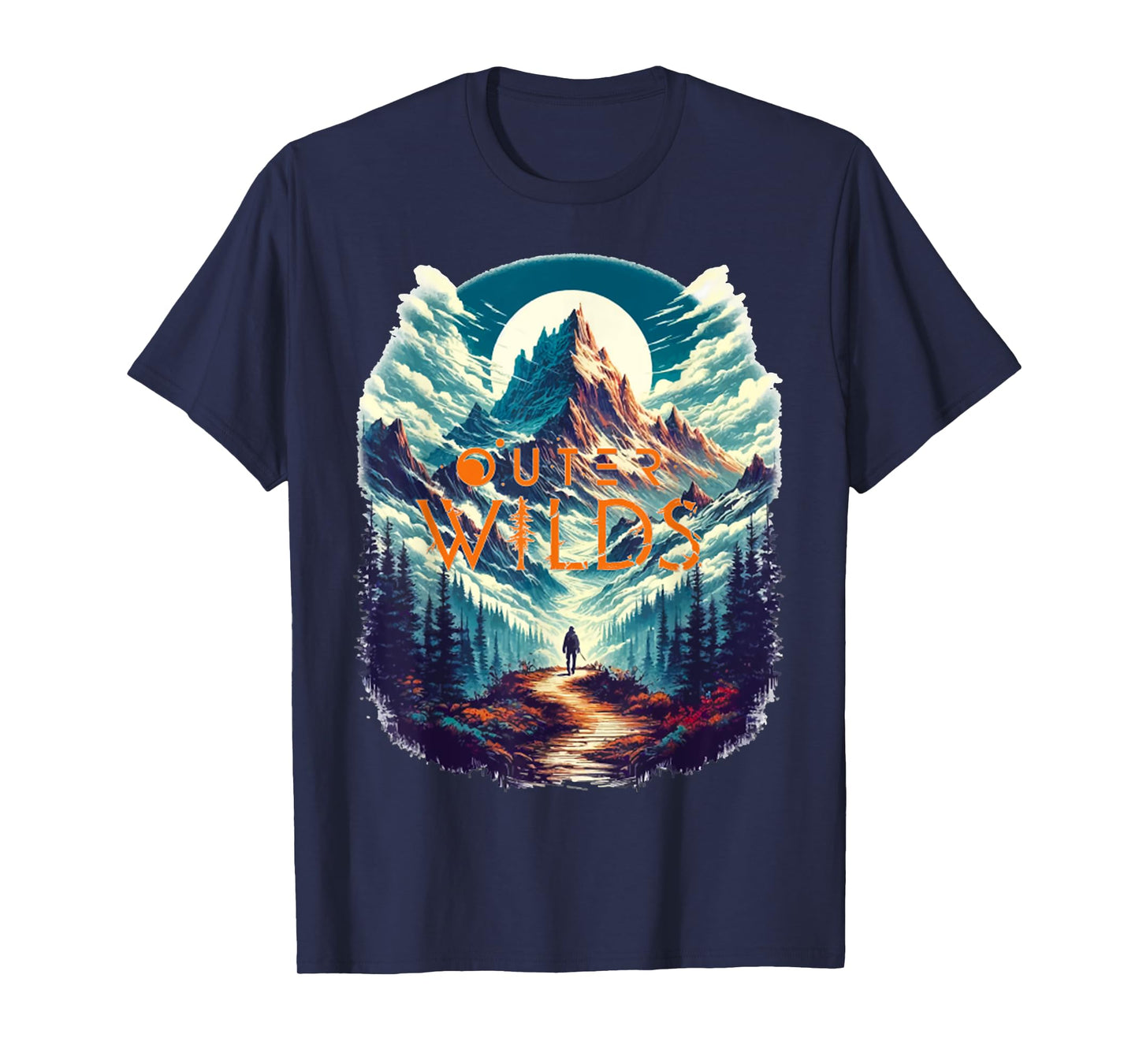 Retro Outer Wilds Text Moon Mountain Forest Tree House Sun T-Shirt