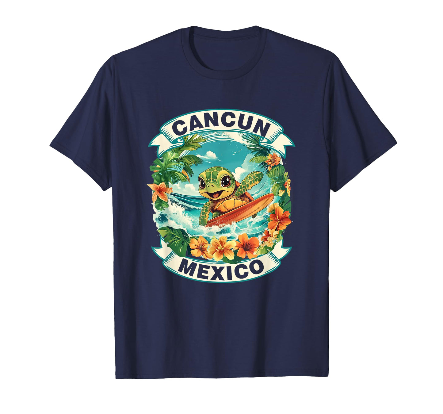 Cancun Mexico Cute Sea Turtle Surfing Summer Vacation T-Shirt