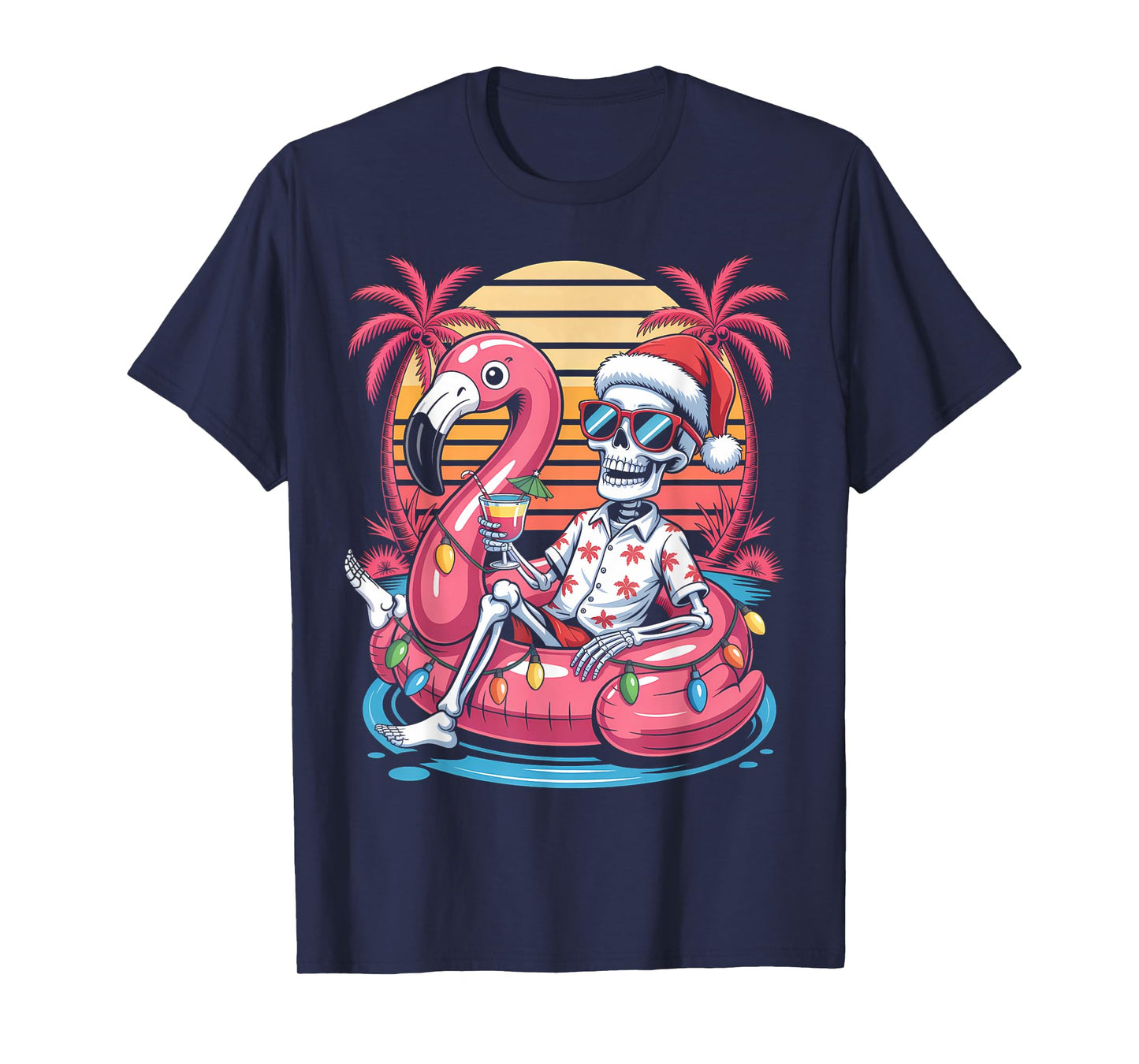 Christmas in July Skeleton Flamingo Float Summer Xmas T-Shirt