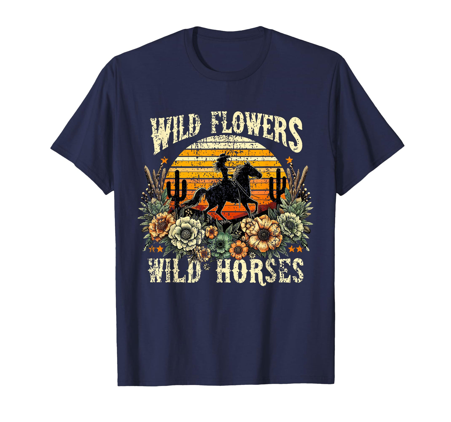 Retro Cowgirl Wild Flowers - Wild Horses Vintage Style T-Shirt
