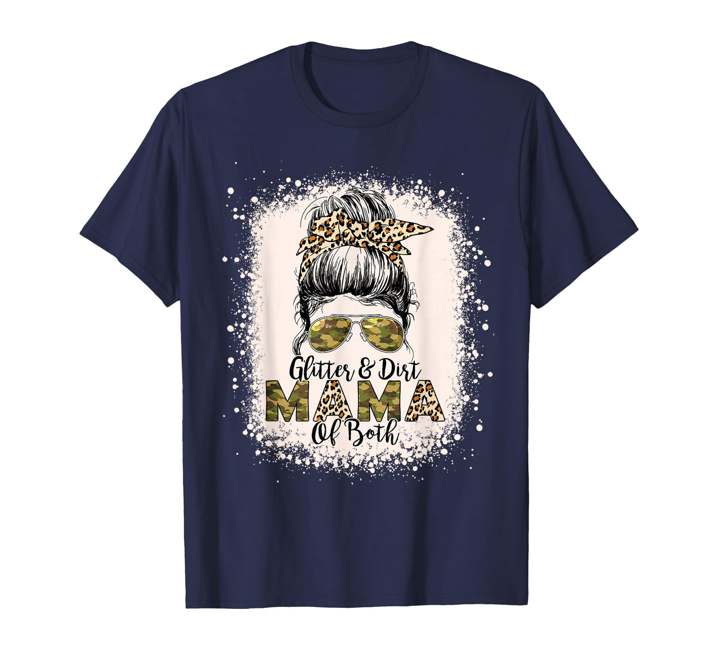 Glitter & Dirt Mama Of Both Leopard Camo Messy Bun Bleached T-Shirt