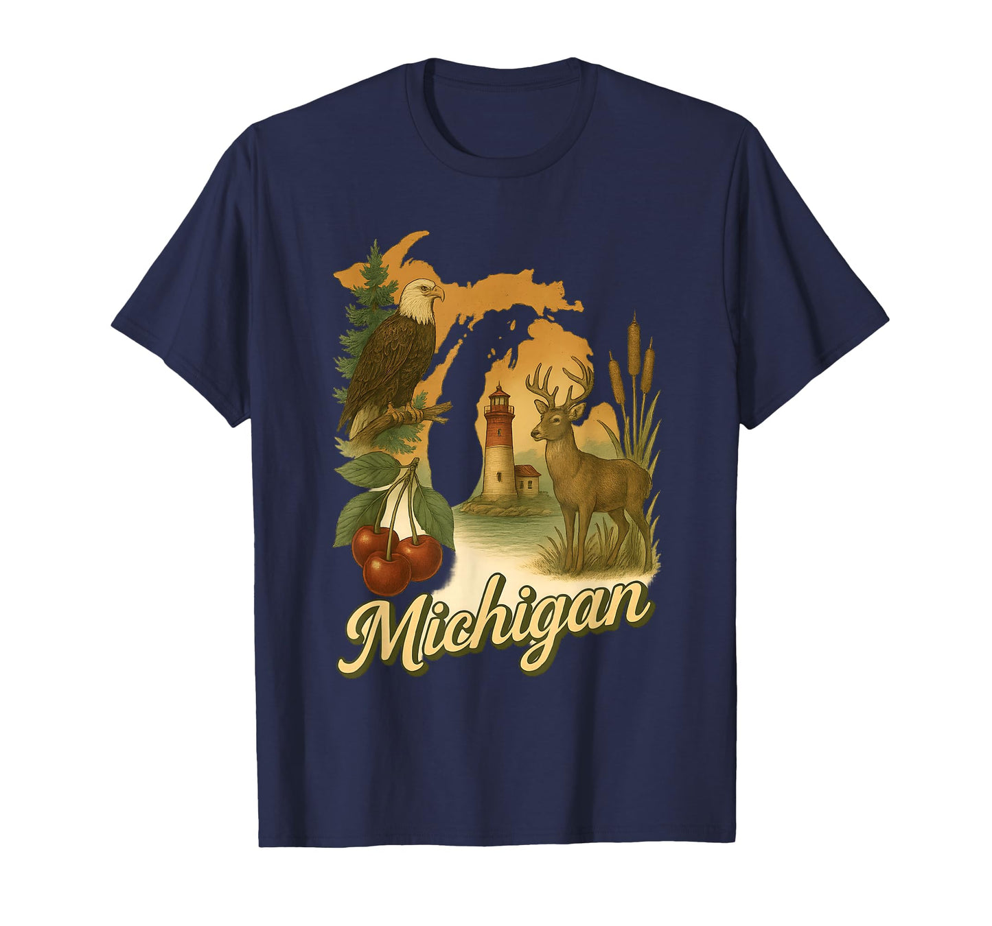 Michigan Nature Scene with Wildlife, Lighthouse Cherries T-Shirt