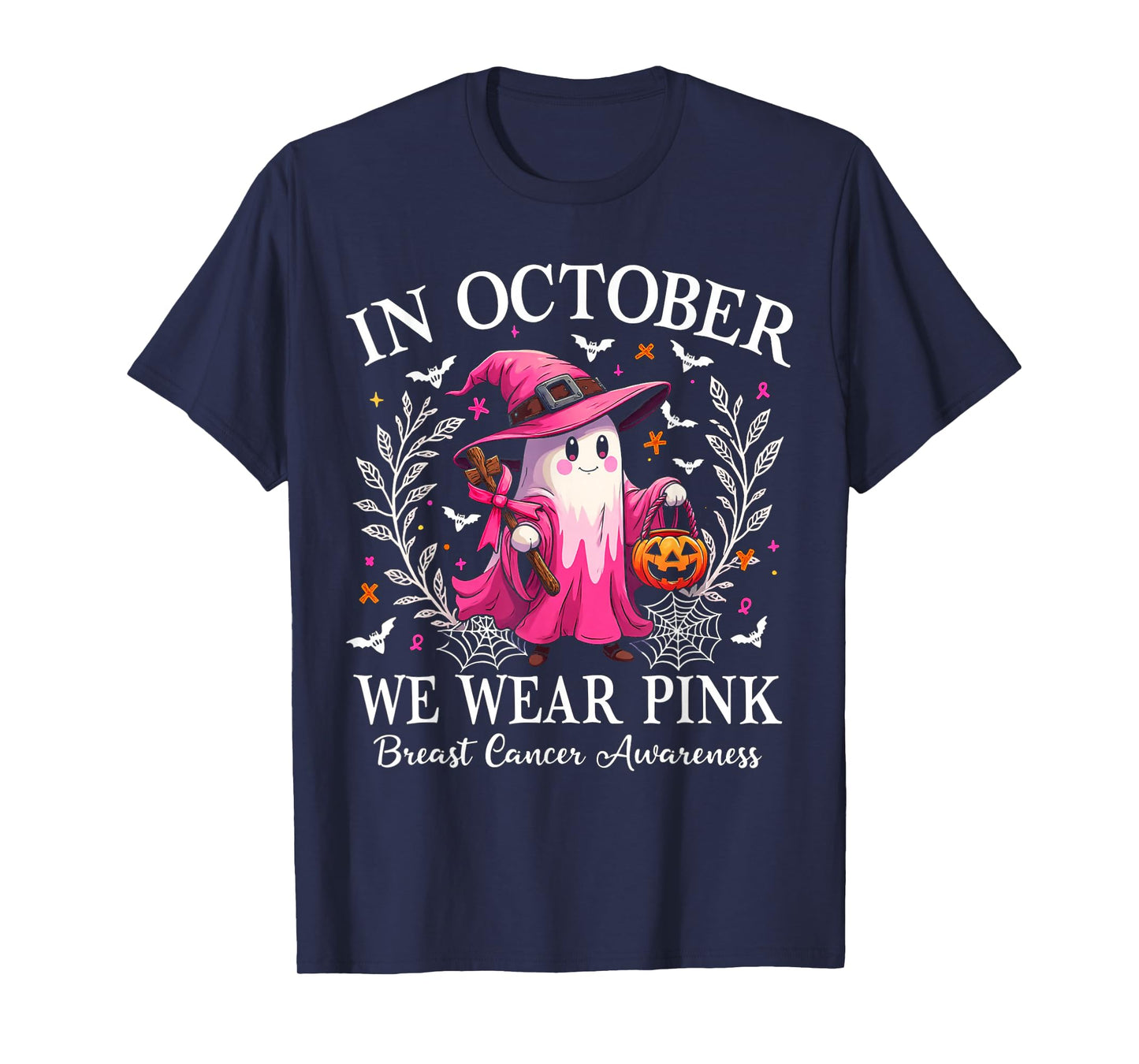 Breast Cancer Awareness 2025 Cute Pink Ghost with Witch Hat T-Shirt