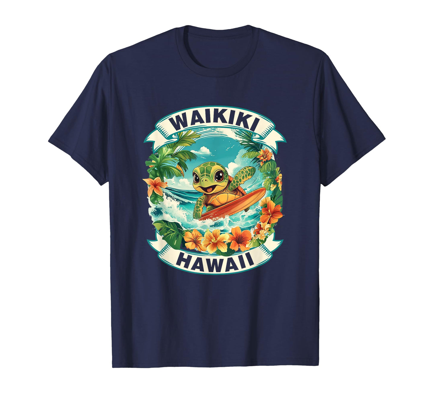 Waikiki Hawaii Cute Sea Turtle Surfing Summer Vacation T-Shirt