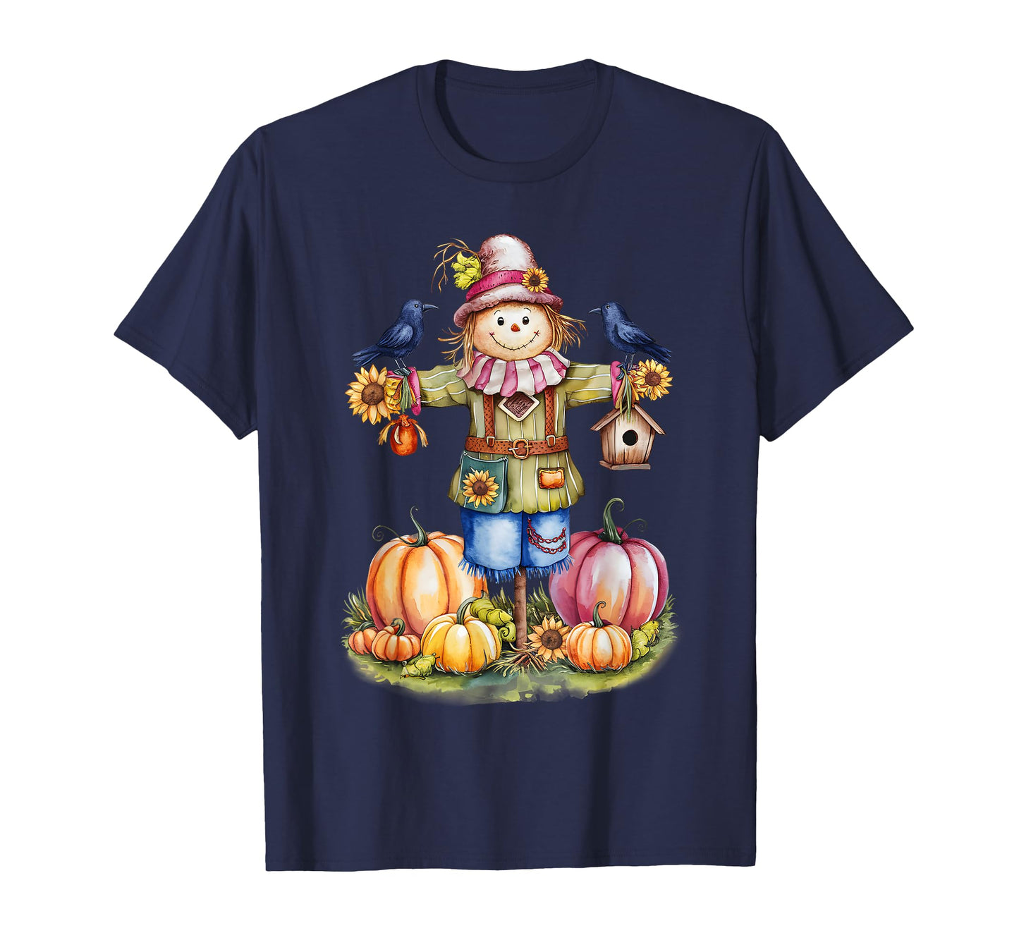 Scarecrow In Pumpkin Garden Hello Fall Autumn Falling Leaves T-Shirt