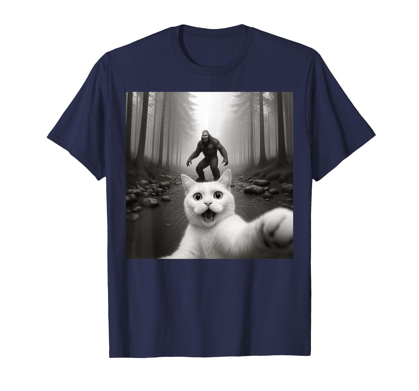 Cat Selfie With Bigfoot Funny Cats Gifts Men Women Boy Girl T-Shirt