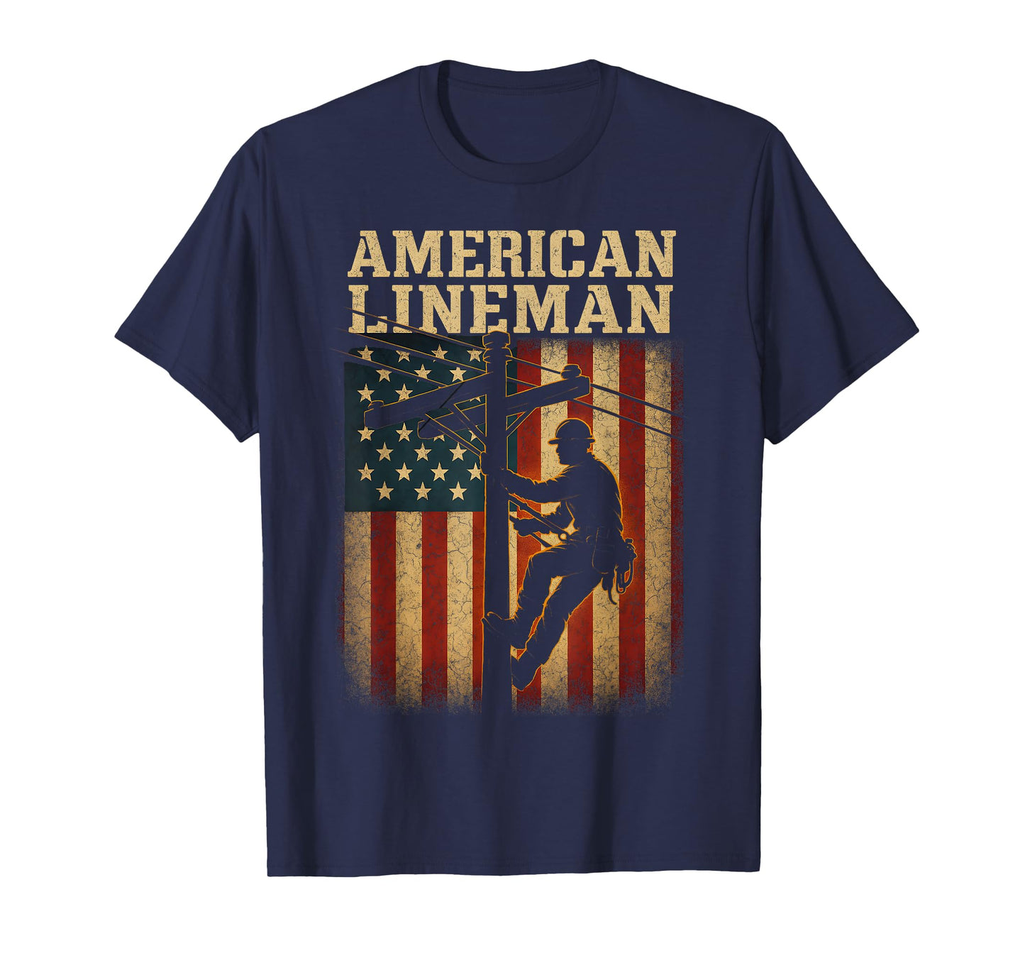 Retro Lineman American Flag Electric Cable Patriotic Lineman T-Shirt