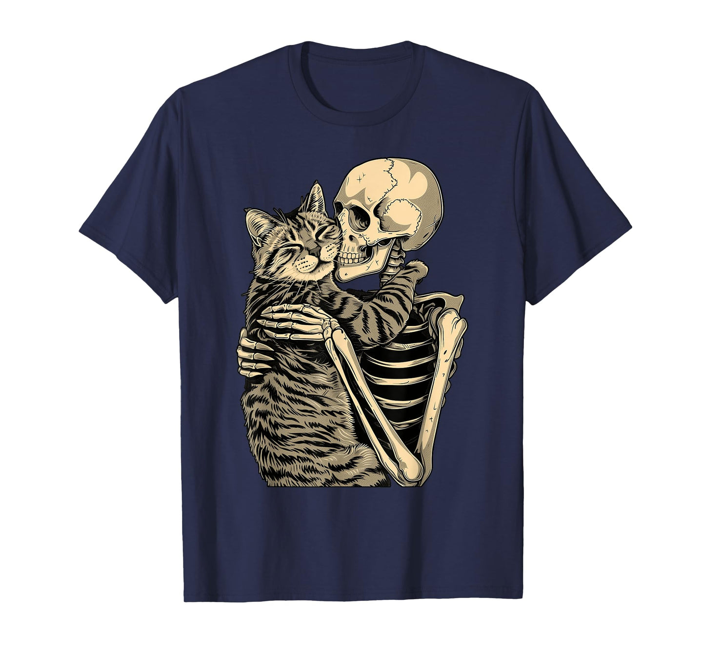 Skeleton Hugging Cat Halloween T-Shirt for Cat Lovers