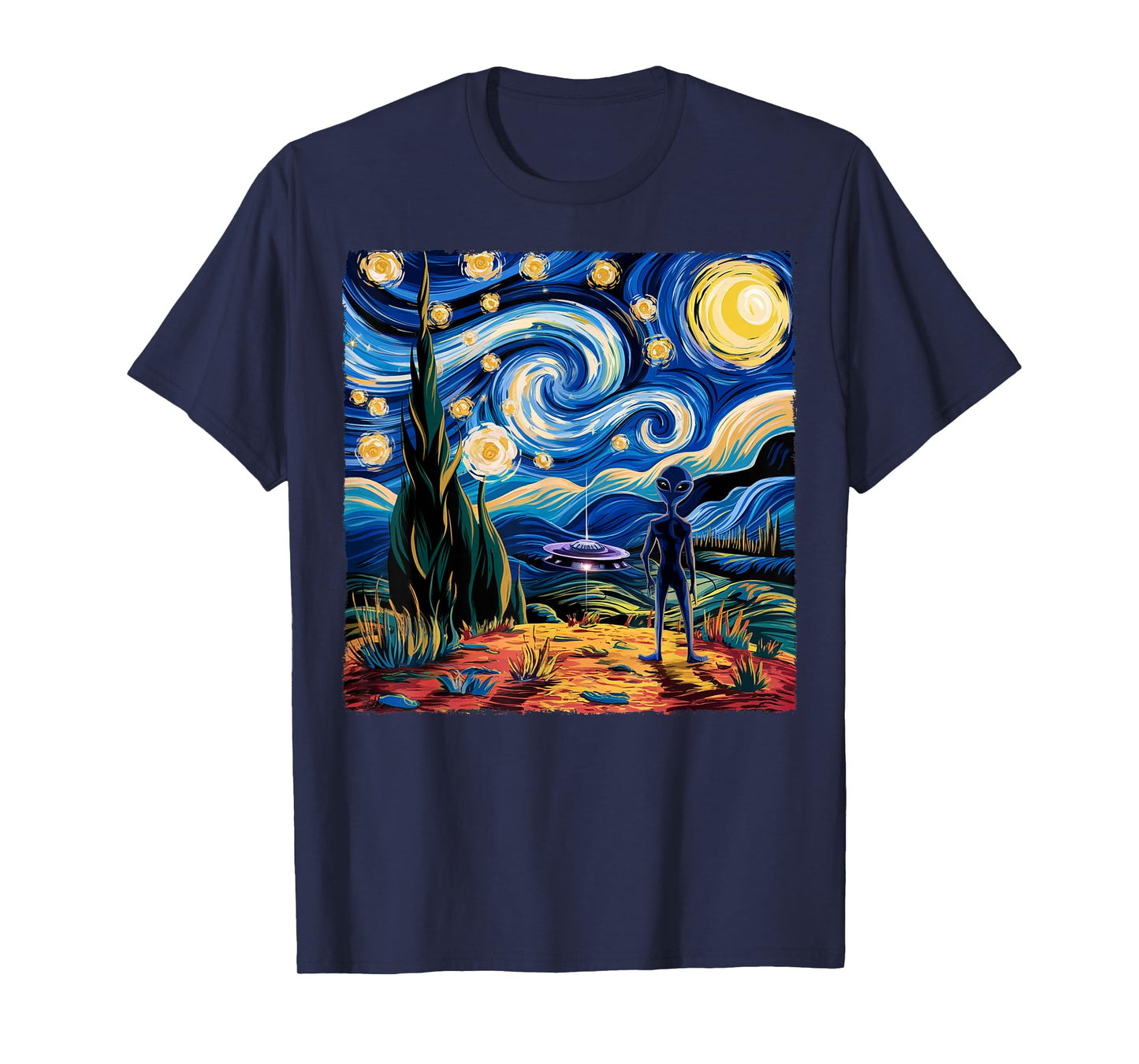 Alien Van Gogh Starry Night UFO Gifts For Men Women Boys Kid T-Shirt