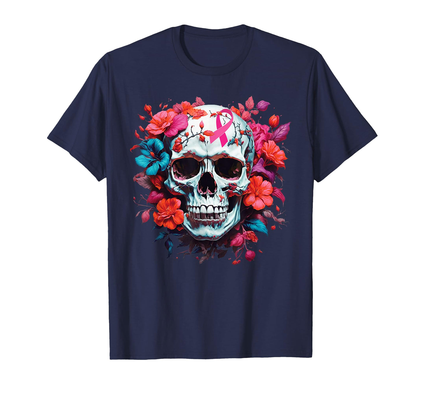Breast Cancer Skull Shirt For Women Sugar Skull Pink Ribbon T-Shirt