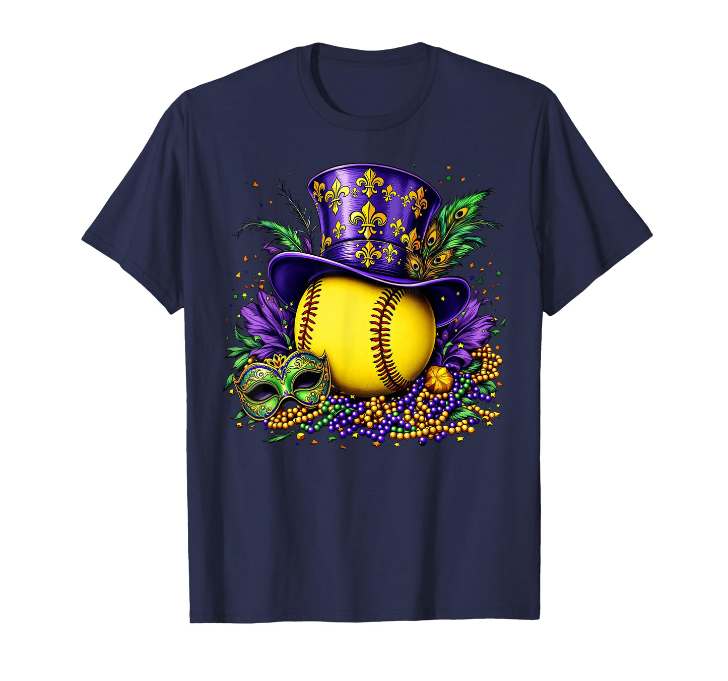 Softball Top Hat Masked Beads Mardi Gras Men Women T-Shirt