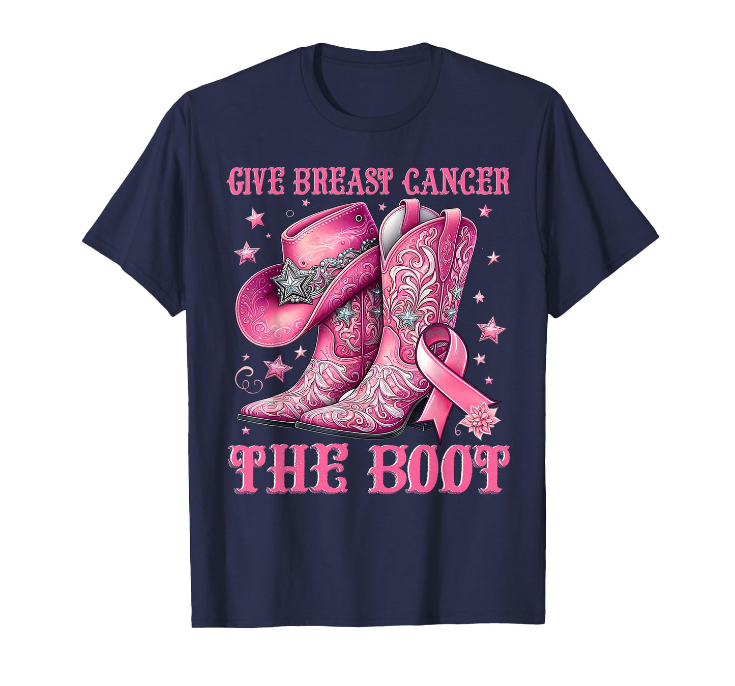 Give Breast Cancer The Boot Cowgirl Western Pink Ribbon T-Shirt