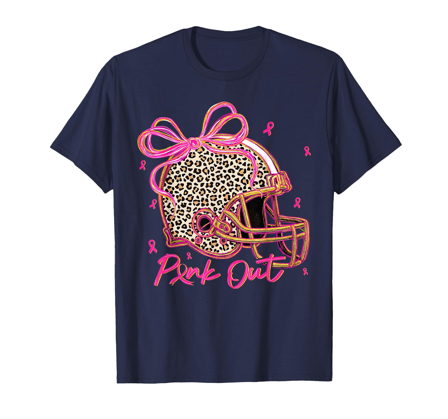 Pink Out Leopard Football Helmet Bow Preppy Breast Cancer T-Shirt