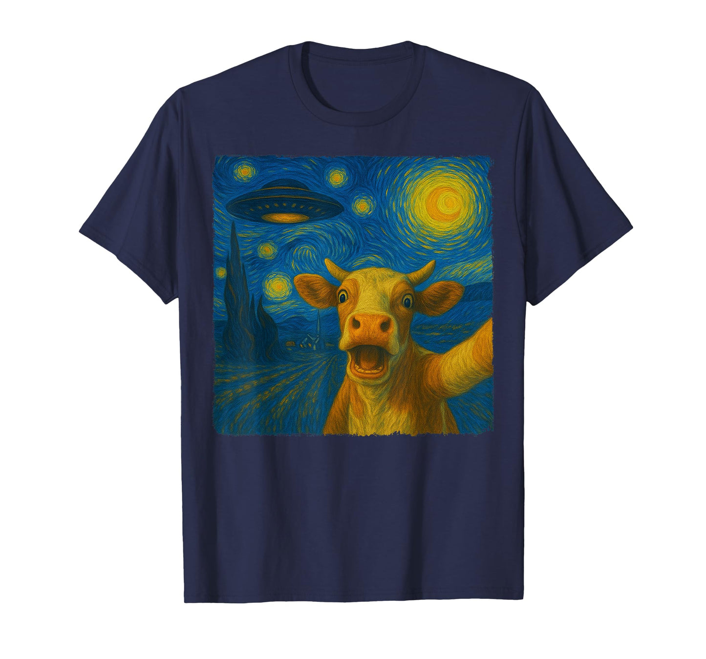Cow Selfie with UFO Starry Night Van Gogh Gift Men Women Kid T-Shirt