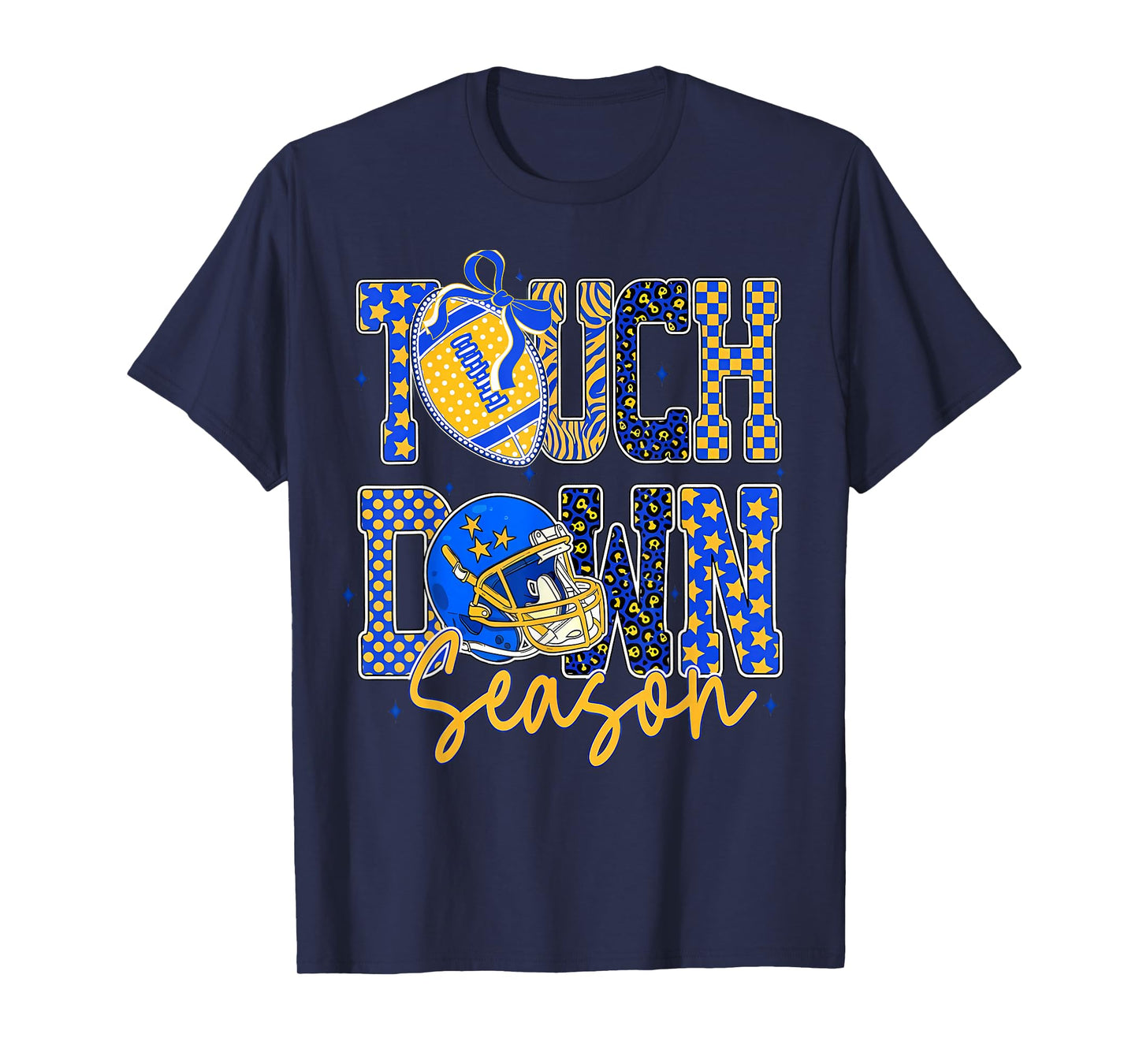 Leopard Blue Gold Checkered Football Touchdown Season T-Shirt
