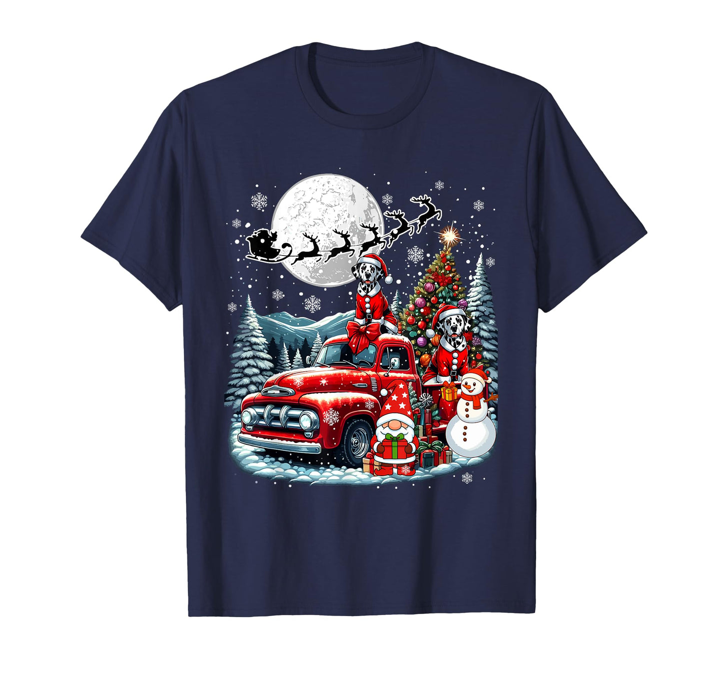 Group Xmas Gnome Snowman Santa Dalmatians On Pickup Truck T-Shirt