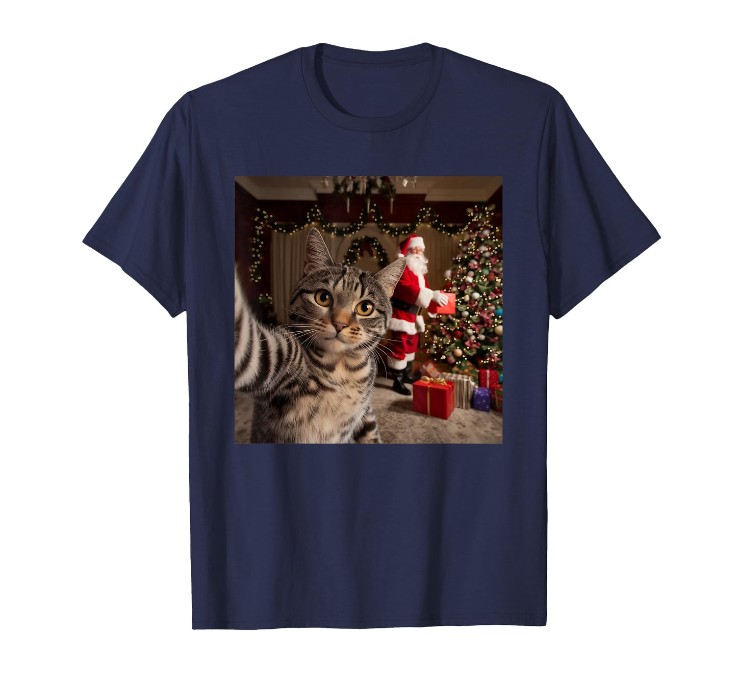 Christmas Cat Selfie with Santa Claus Cute Holiday Photo T-Shirt for Men Women Kids