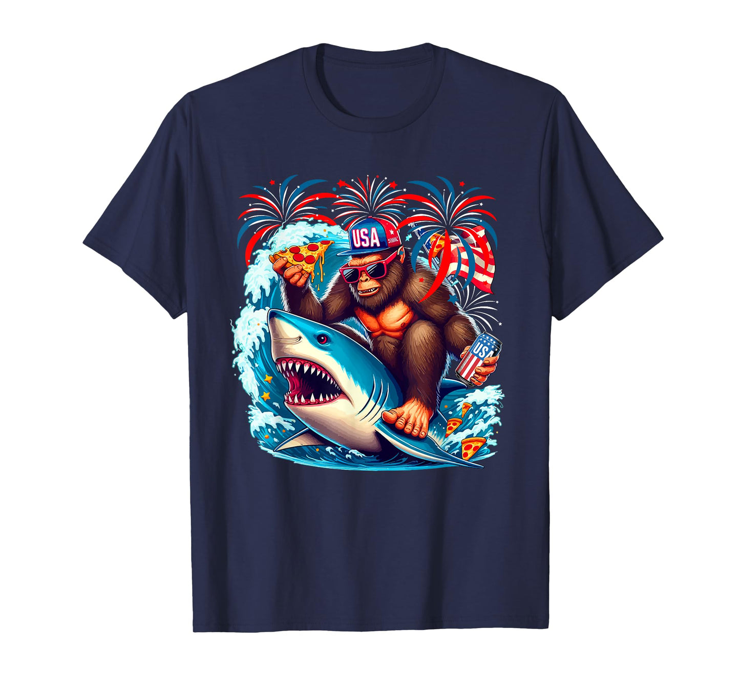Bigfoot Riding Shark With Beer Pizza 4th Of July Patriotic T-Shirt