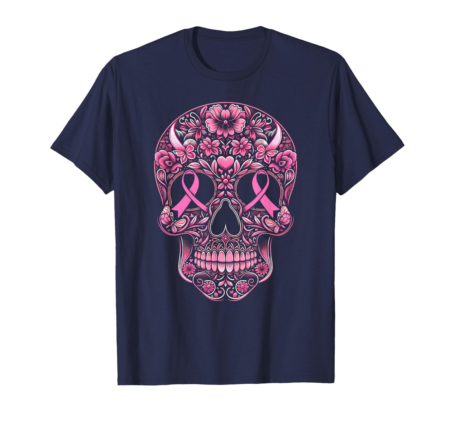 Sugar Skull Pink Ribbon Calavera Breast Cancer Awareness T-Shirt