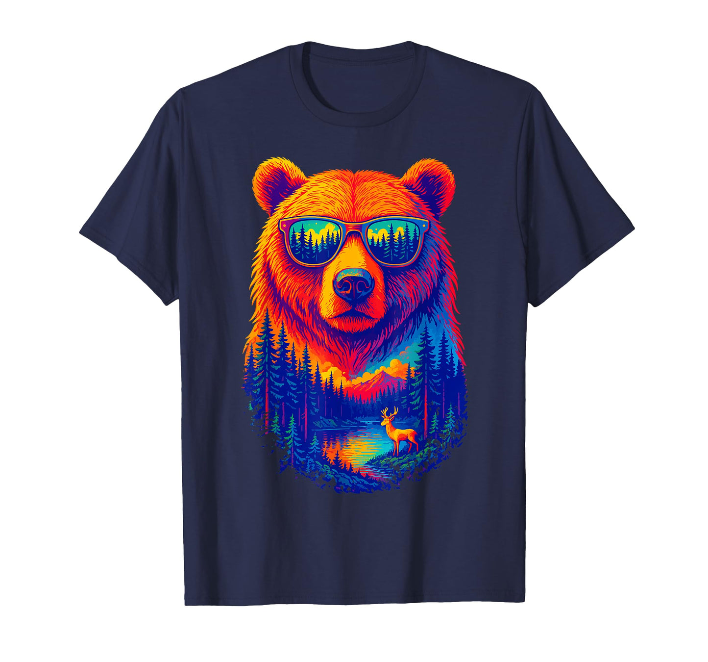 Bear Sunglasses Wildlife Deer Campfire Nature Vintage Forest T-Shirt