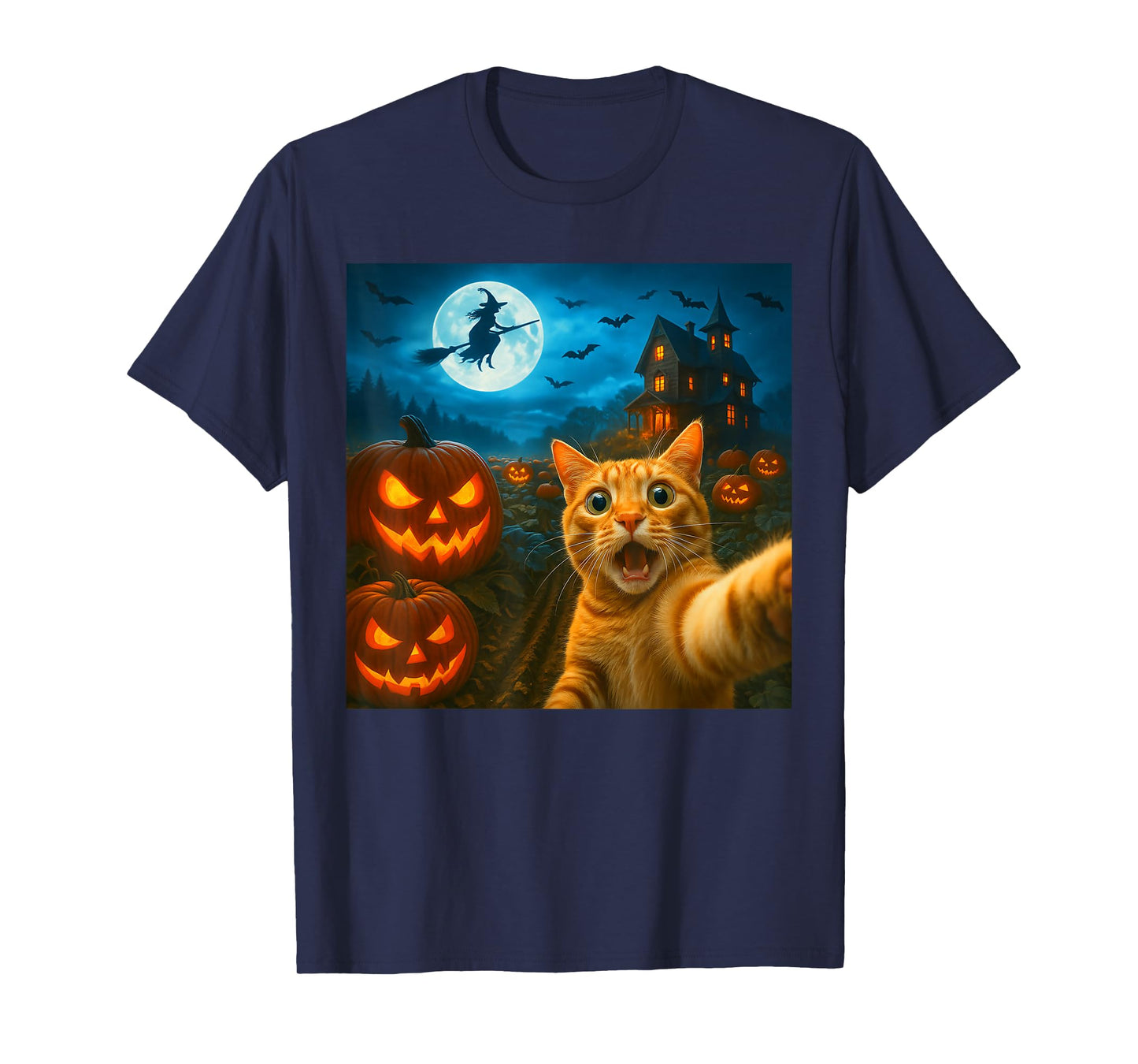 Funny Halloween Cat Selfie with Spooky Pumpkins Men Women T-Shirt