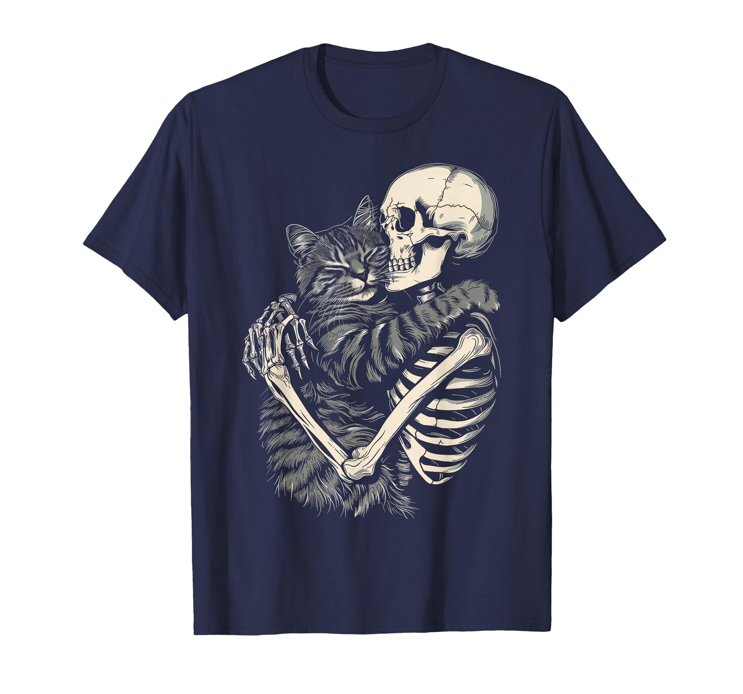 Skeleton Hugging Cat Halloween Cat Lover Cat Mom Dad T-Shirt