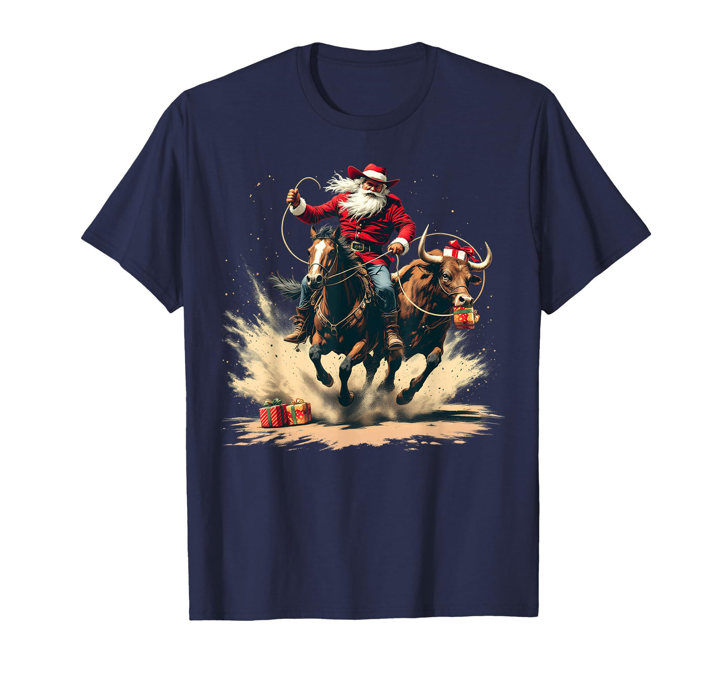 Santa Claus Cowboy Vintage Christmas Horse Cow Men Boy T-Shirt