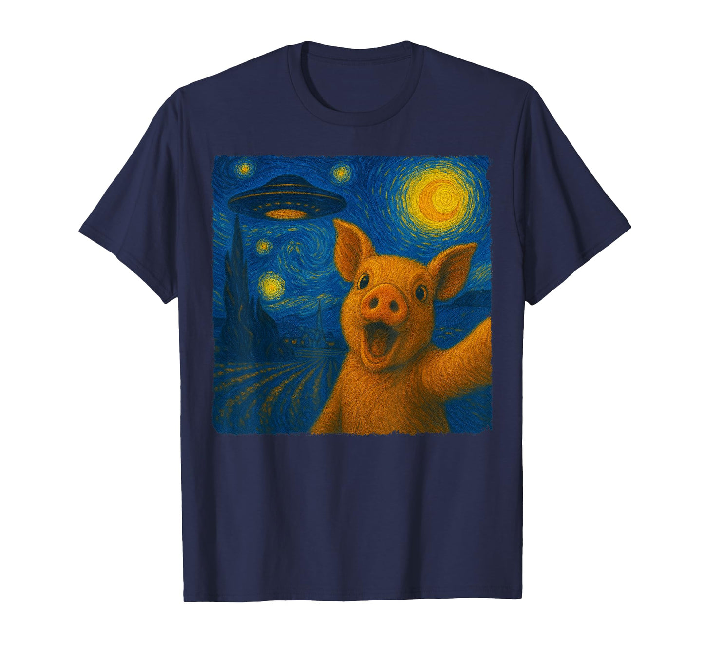 Pig Selfie with UFO Starry Night Van Gogh Gift Men Women Kid T-Shirt