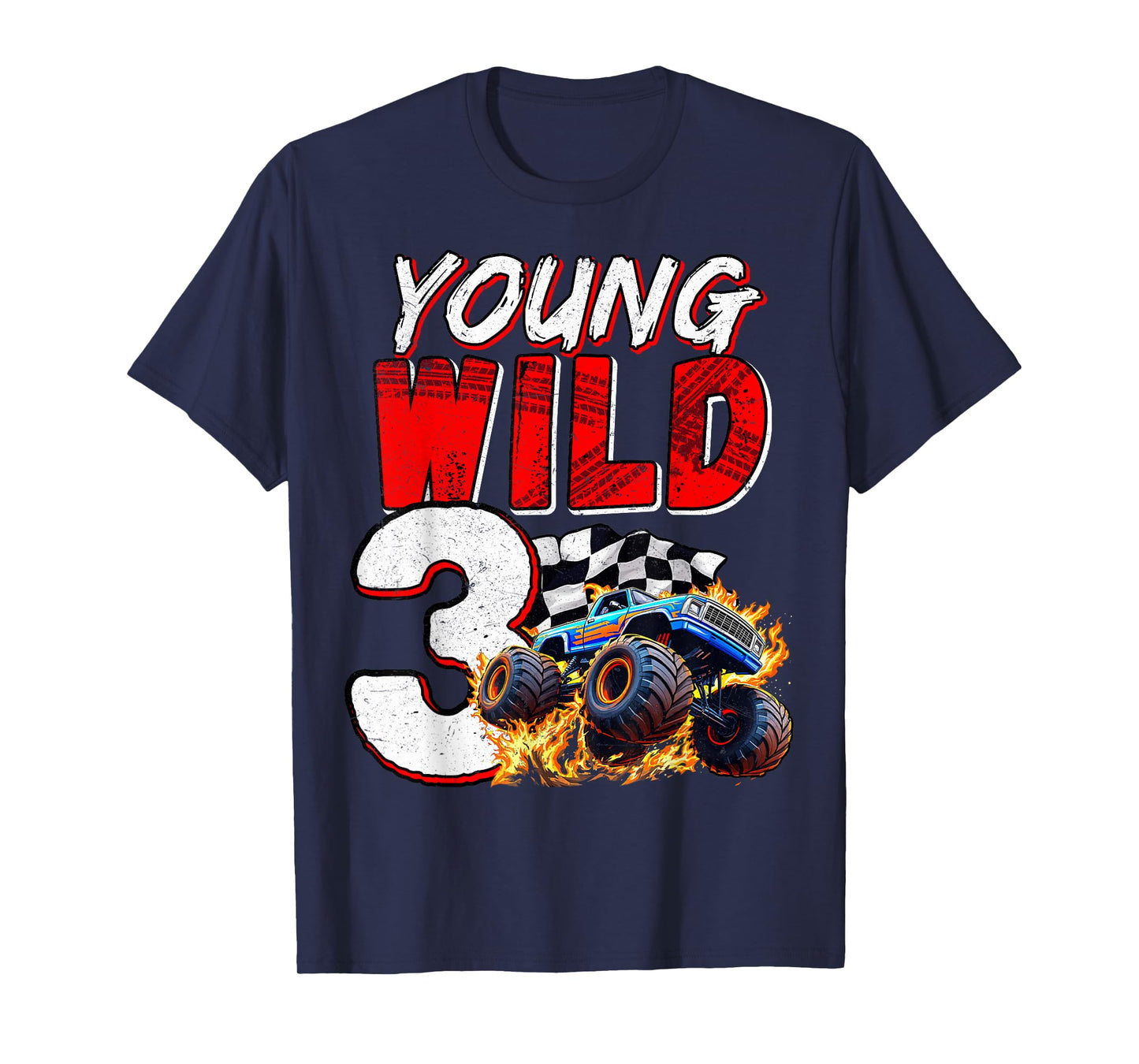 Kids 3rd Birthday Young Wild and Three 3 Year Monster Truck T-Shirt