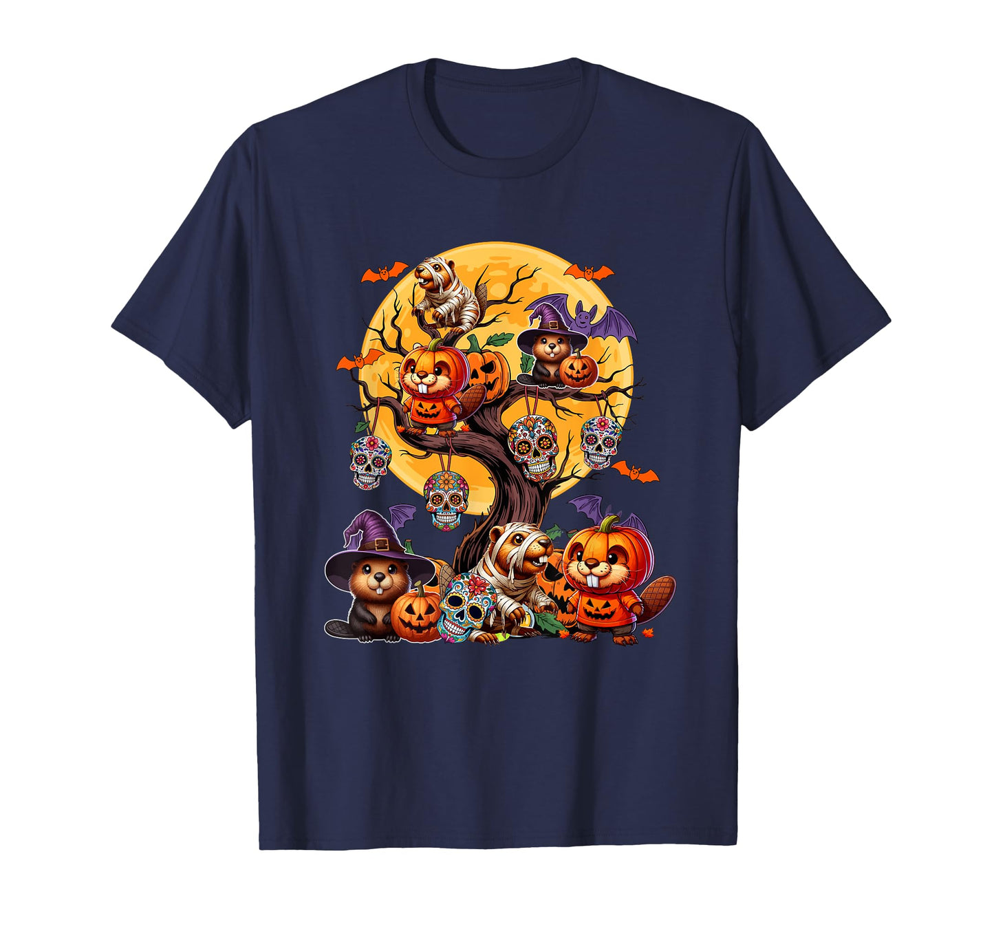 Group Beavers As Witch Mummy Halloween Pumpkins On Tree T-Shirt