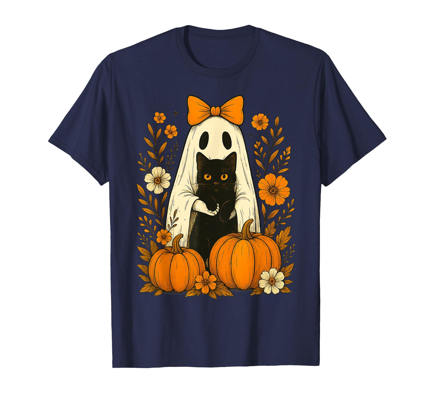 Cute Ghost Black Cat Halloween Pumpkin Groovy Floral Gifts T-Shirt