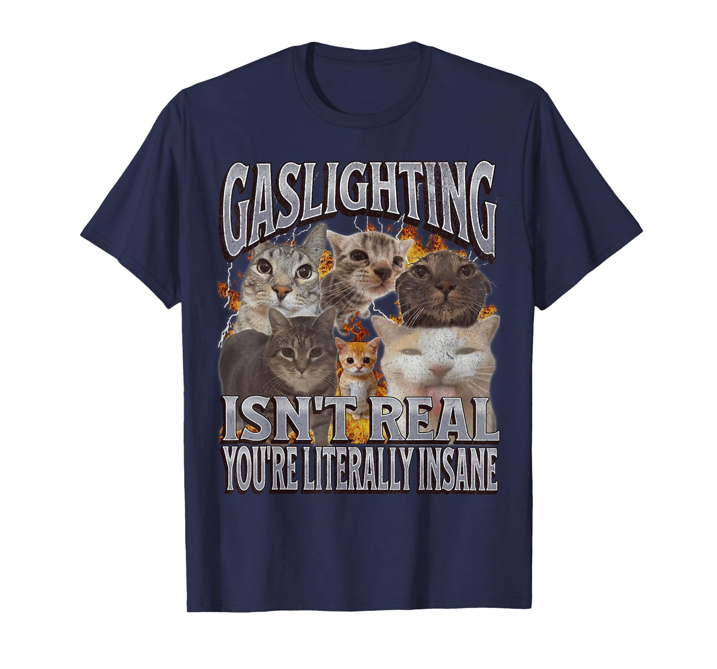 Gaslighting Isn't Real Funny Cat Meme Bootleg Graphic T-Shirt for Men Women