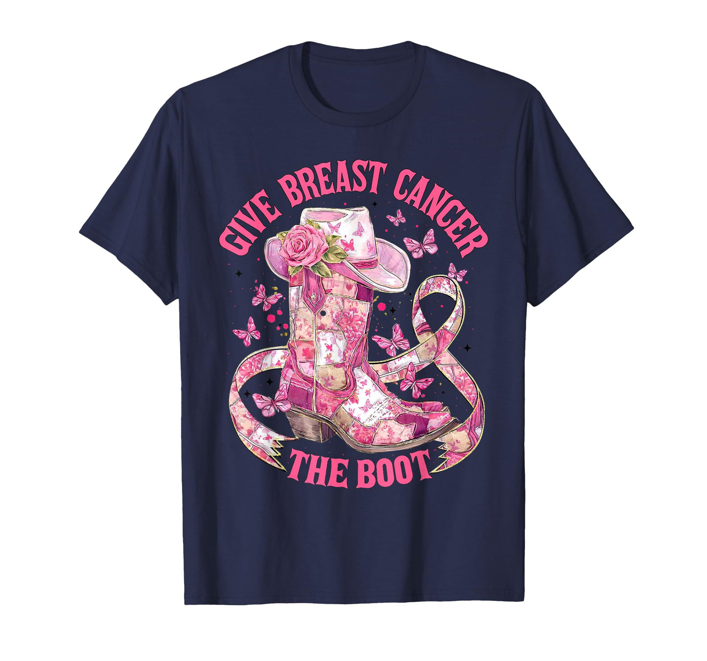 Give Breast Cancer The Boot Pink Ribbon Western Cowboy Boots T-Shirt