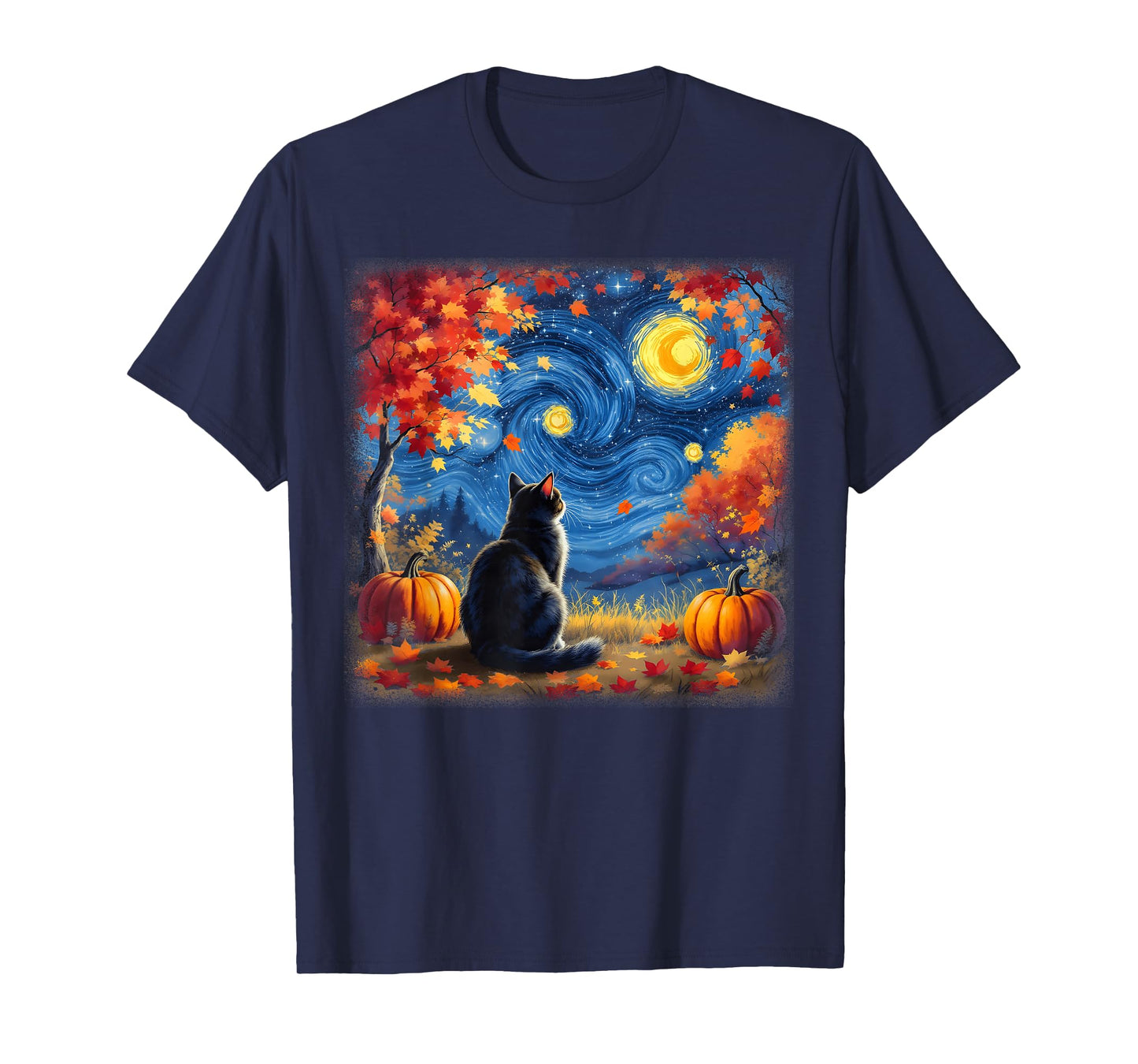 Cat Starry Night Cats Lover Thanksgiving Fall Autumn T-Shirt